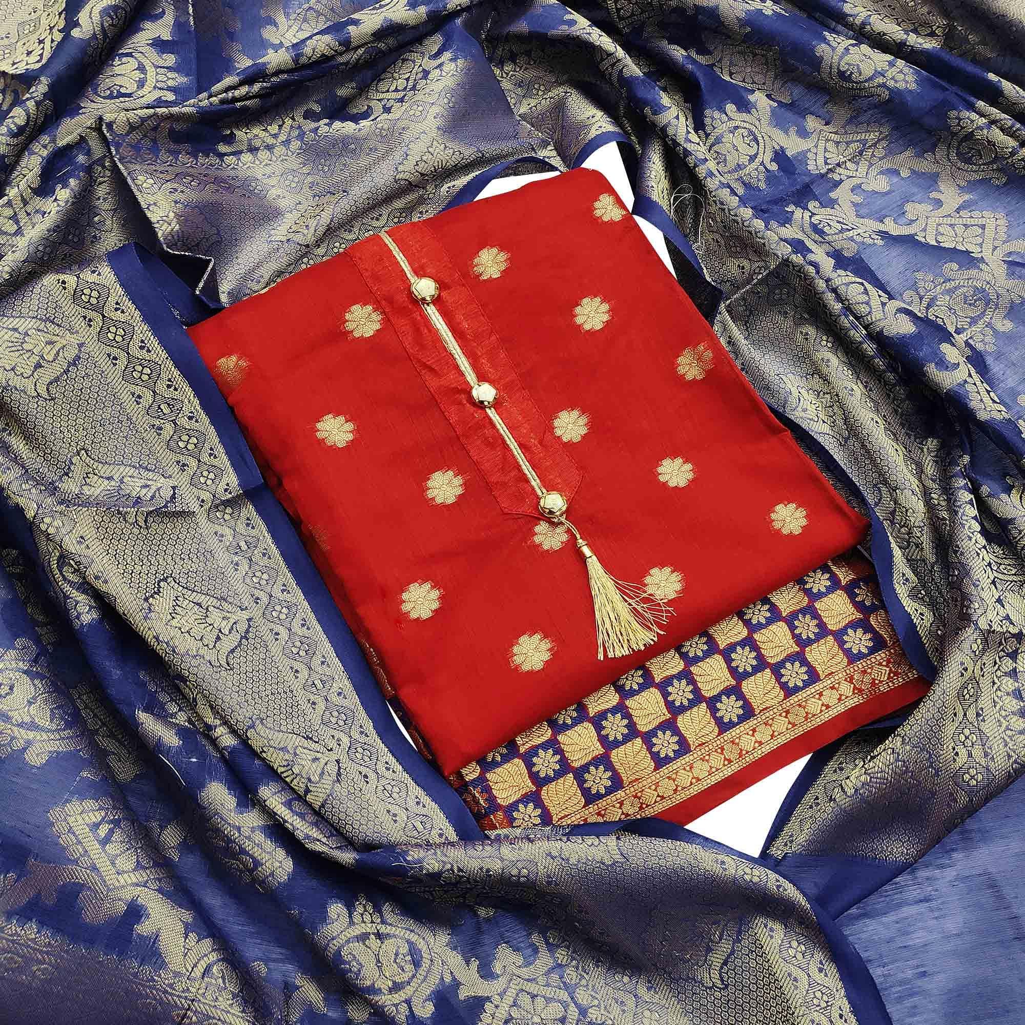 Pretty Red Colored Festive Wear Woven Banarasi Silk Dress Material - Peachmode