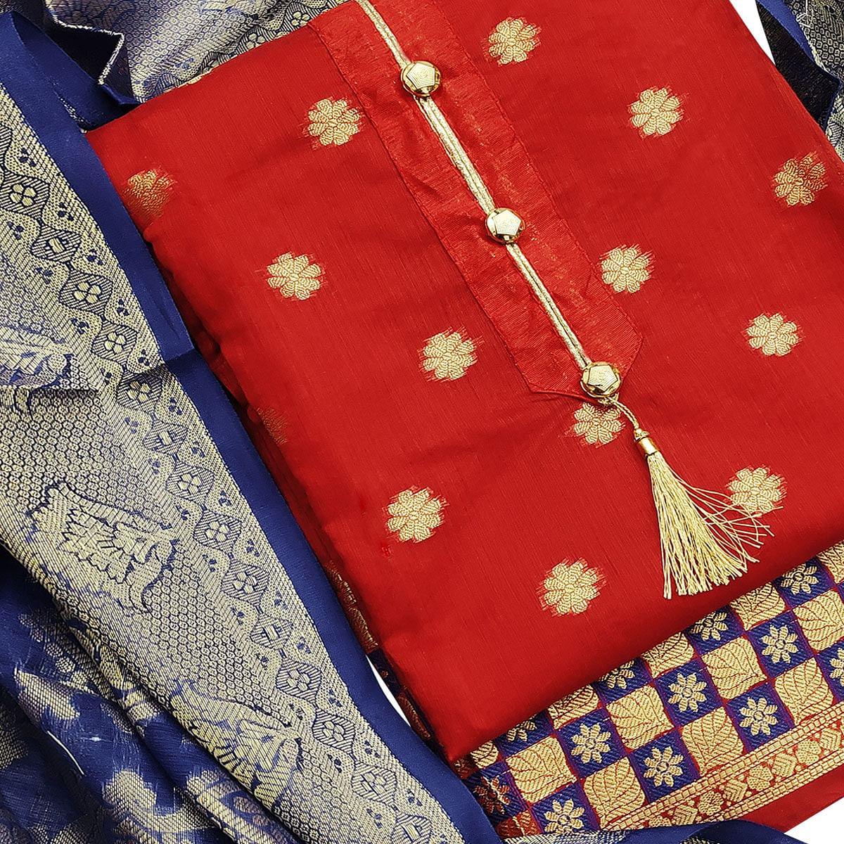 Pretty Red Colored Festive Wear Woven Banarasi Silk Dress Material - Peachmode
