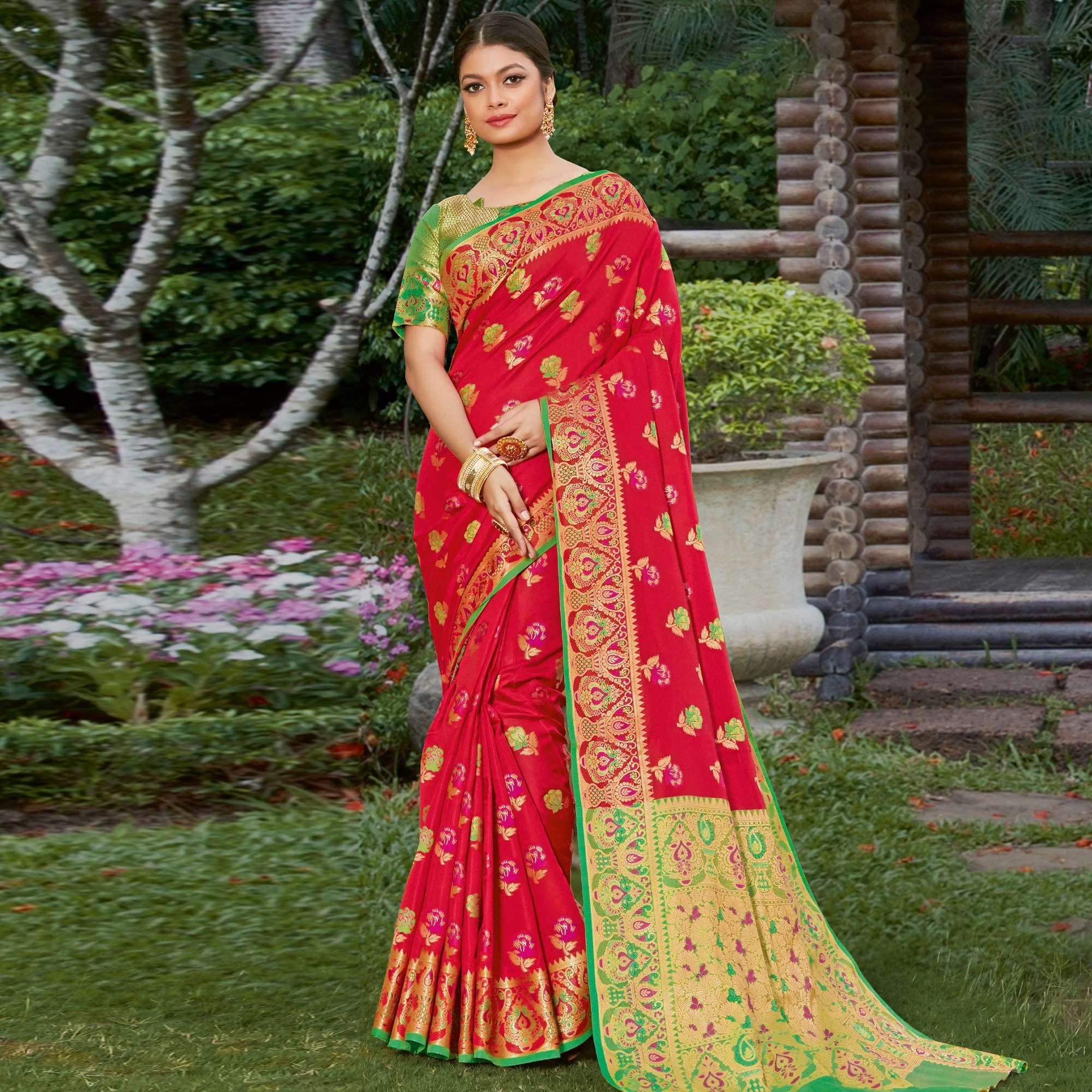 Pretty Red Colored Festive Wear Woven Heavy Banarasi Silk Sareee - Peachmode