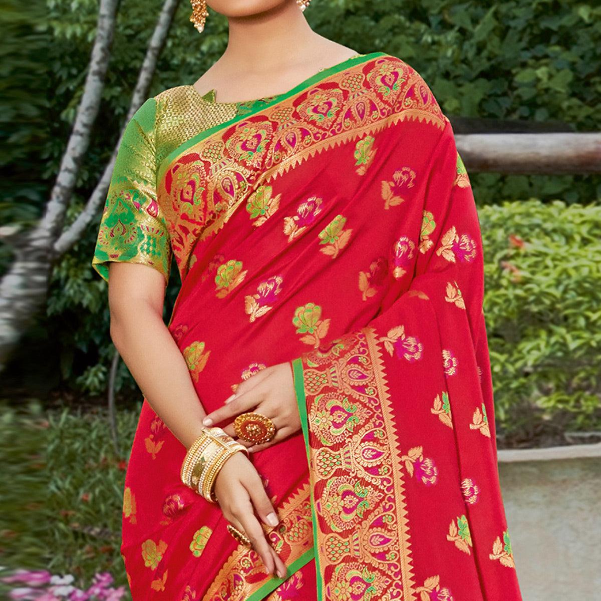 Pretty Red Colored Festive Wear Woven Heavy Banarasi Silk Sareee - Peachmode