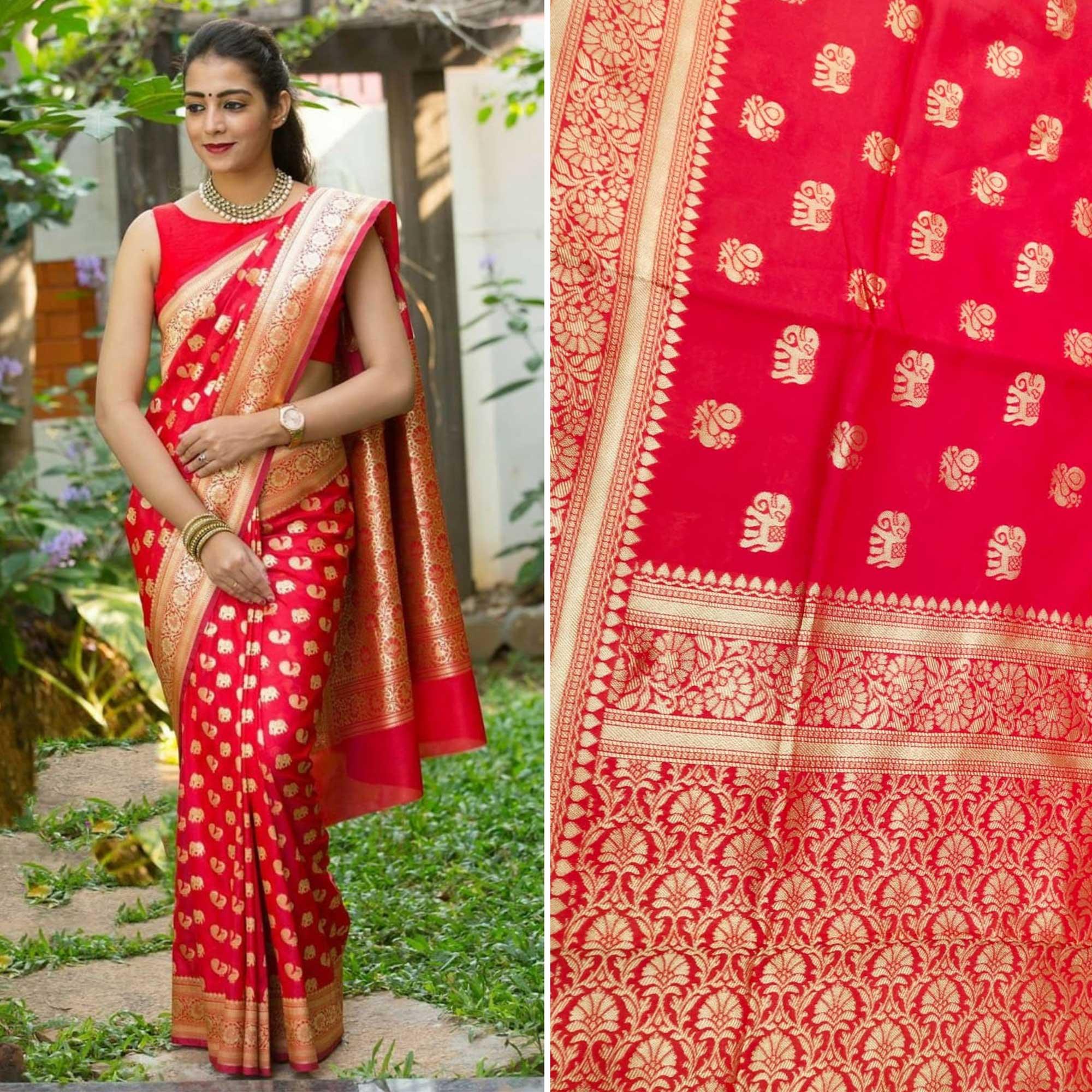 Pretty Red Colored Festive Wear Woven Pure Banarasi Silk Saree - Peachmode