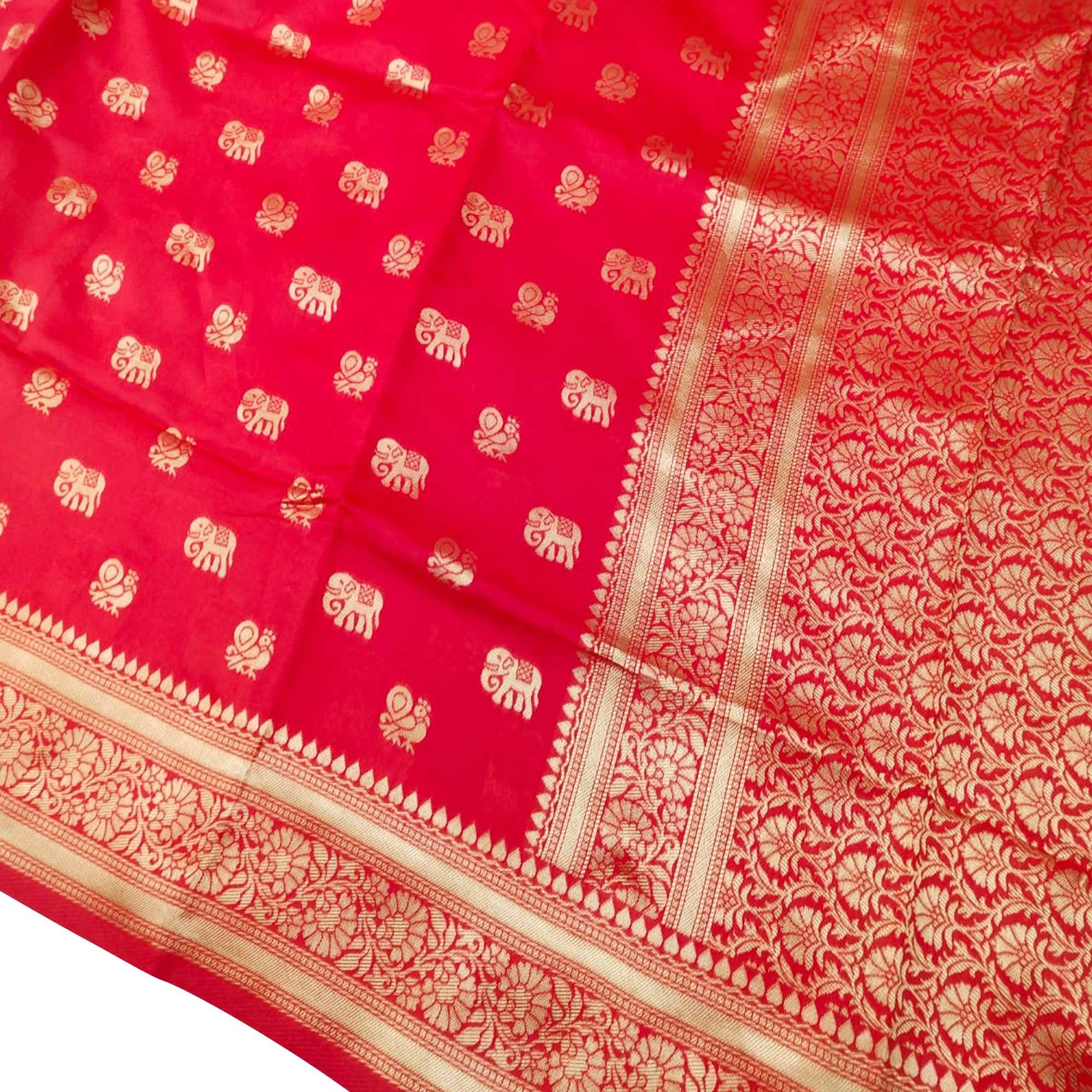 Pretty Red Colored Festive Wear Woven Pure Banarasi Silk Saree - Peachmode