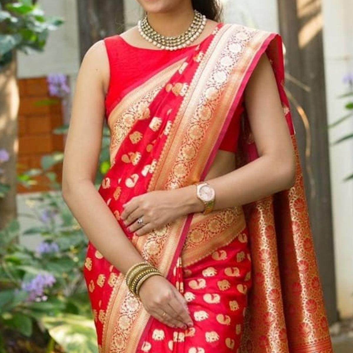 Pretty Red Colored Festive Wear Woven Pure Banarasi Silk Saree - Peachmode