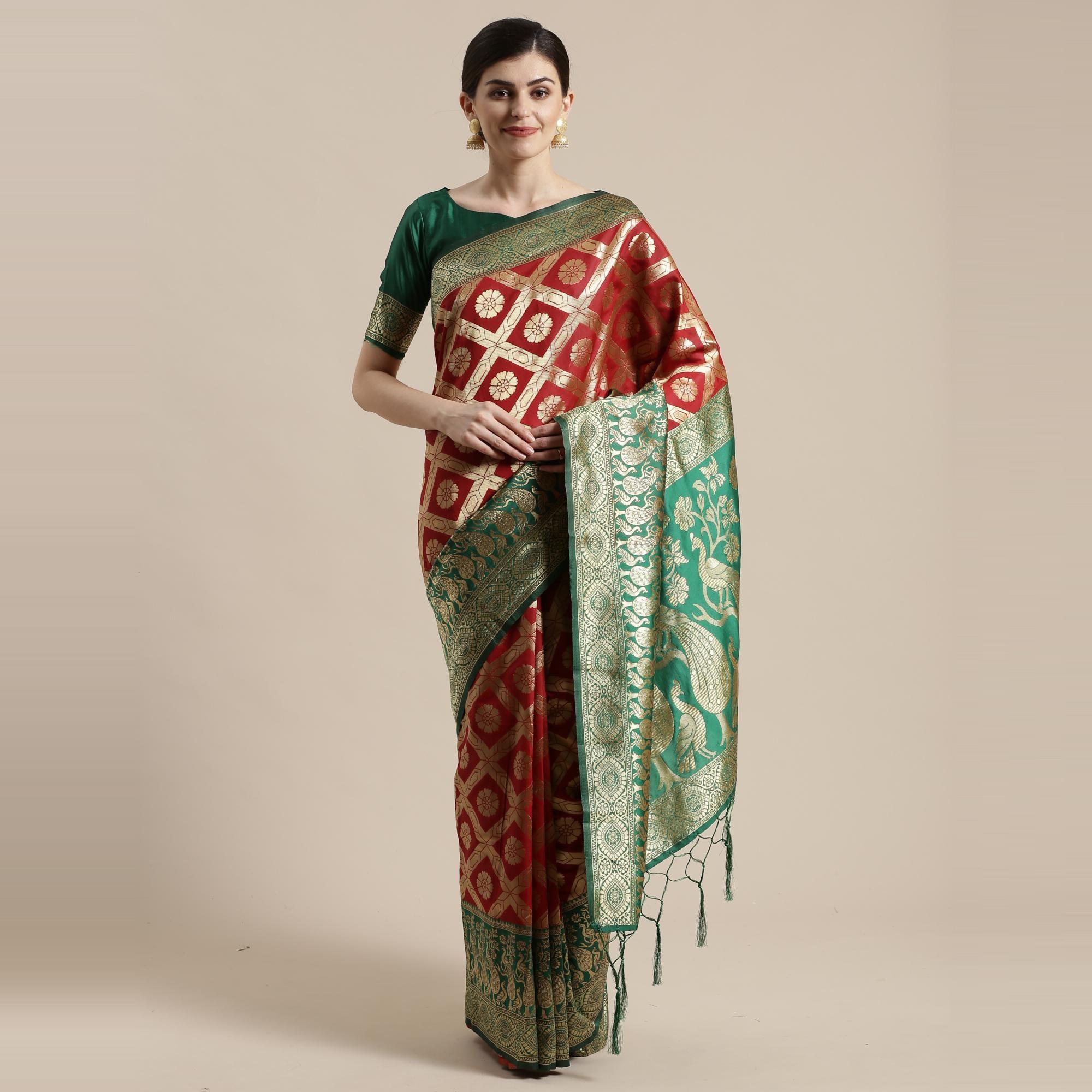 Pretty Red Colored Festive Wear Woven Silk Belnd Saree With Tassels - Peachmode