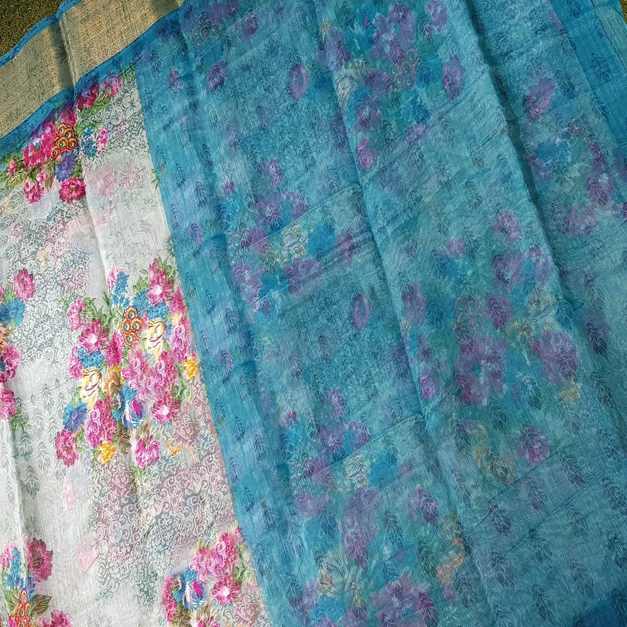 Pretty Sea Green Festive Wear Semi Floral Printed Linen Jari Border Printed Saree - Peachmode