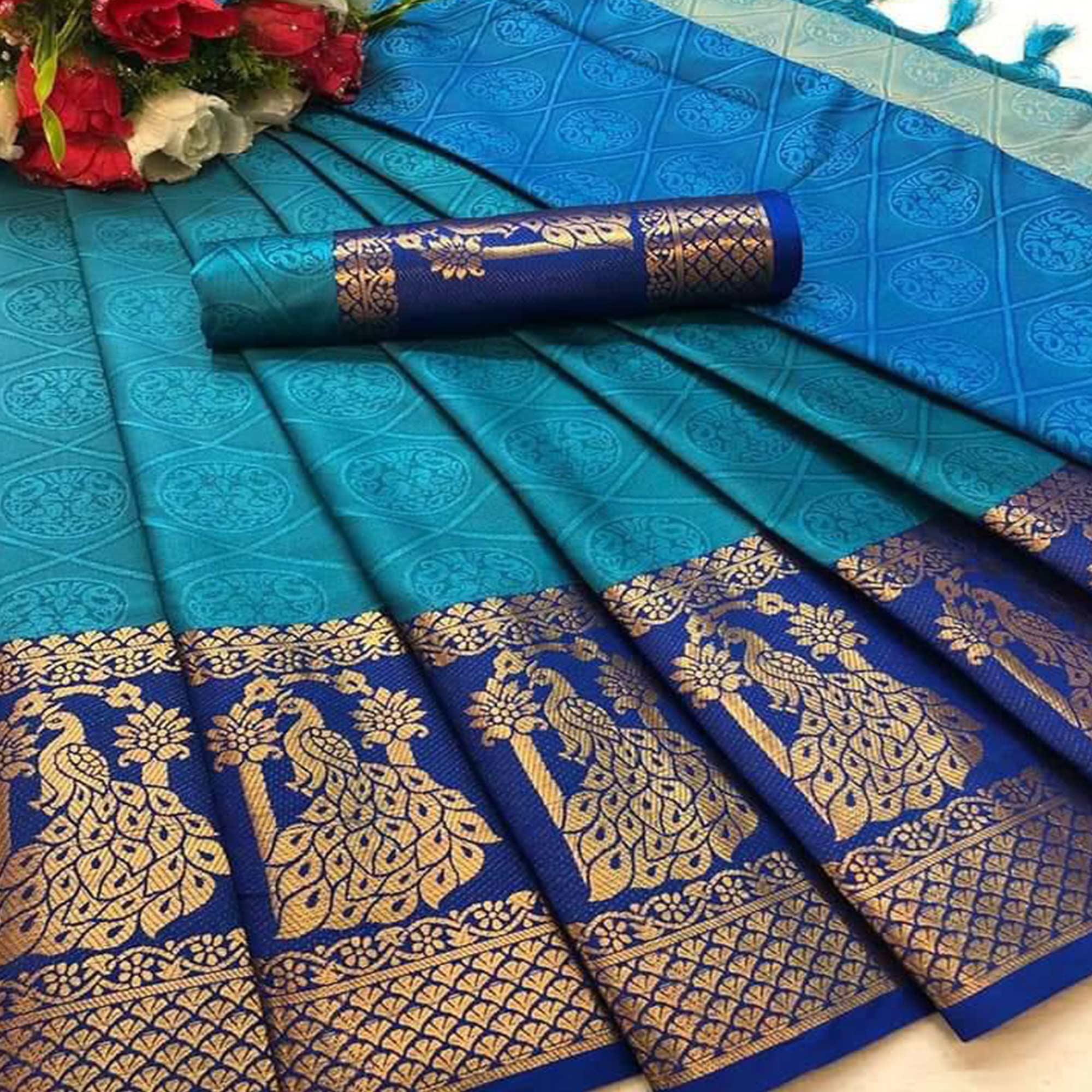 Pretty Sky Blue Coloured Festive Wear Woven Cotton Silk Saree - Peachmode