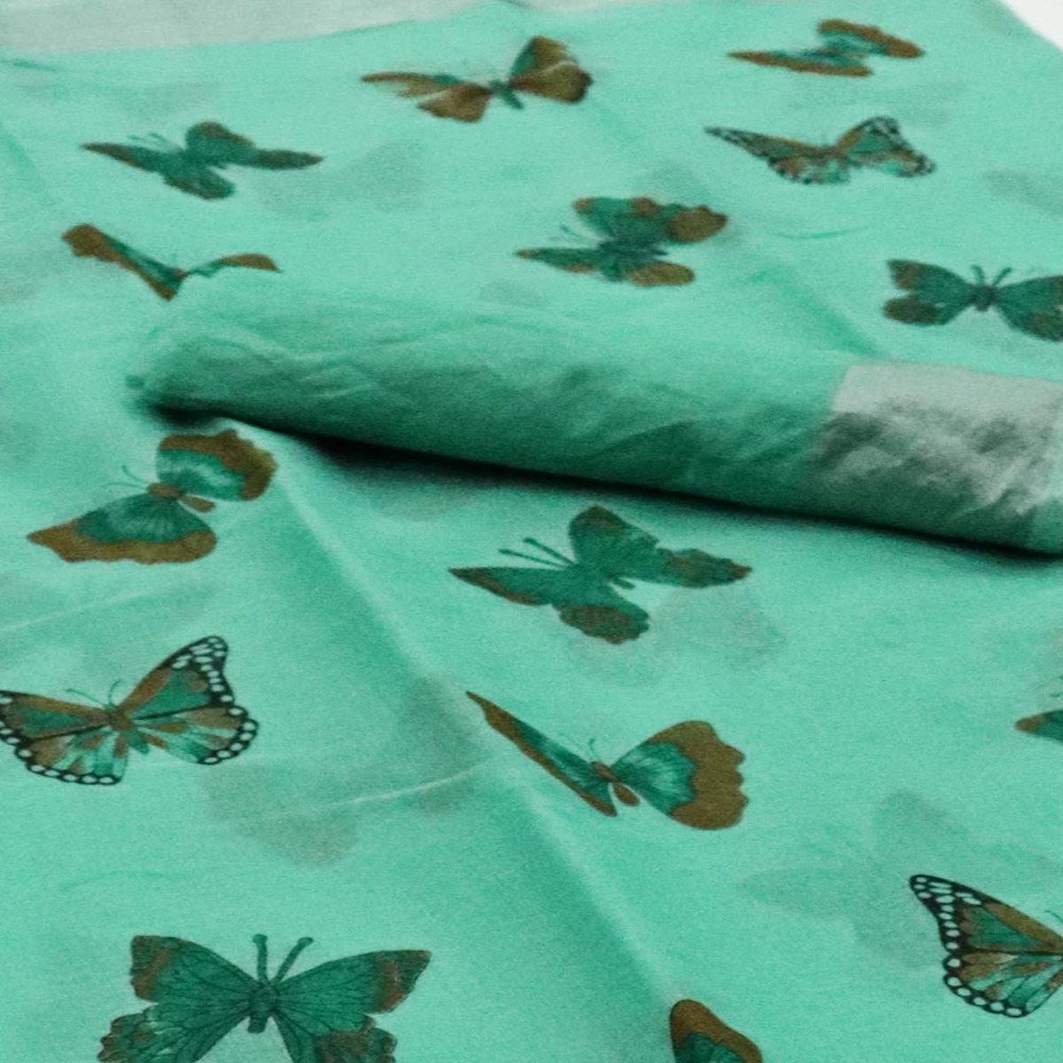 Pretty Turquoise Green Colored Casual Wear Butterfly Block Printed Cotton Linen Saree - Peachmode