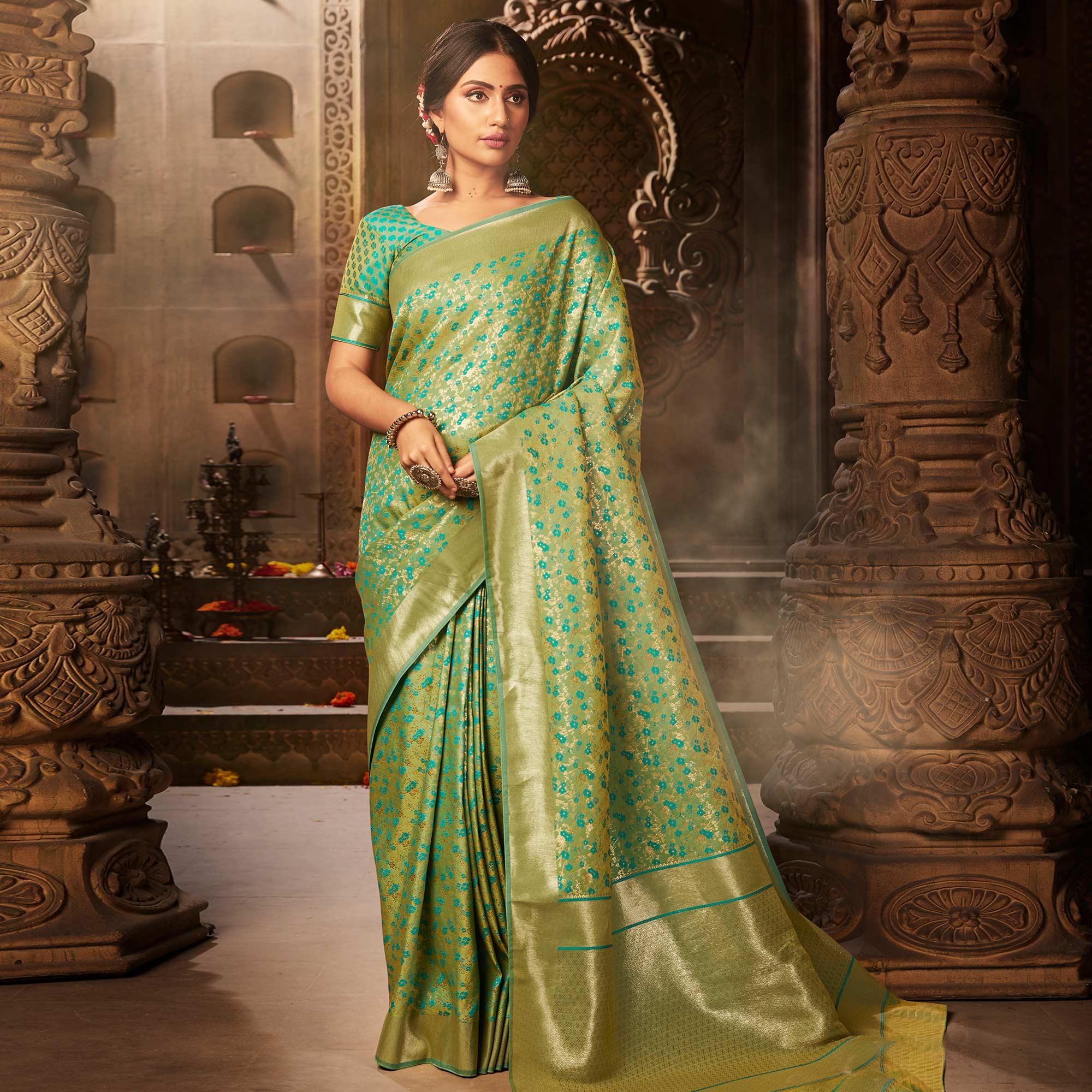 Pretty Turquoise Green Colored Festive Wear Woven Banarasi Silk Saree - Peachmode