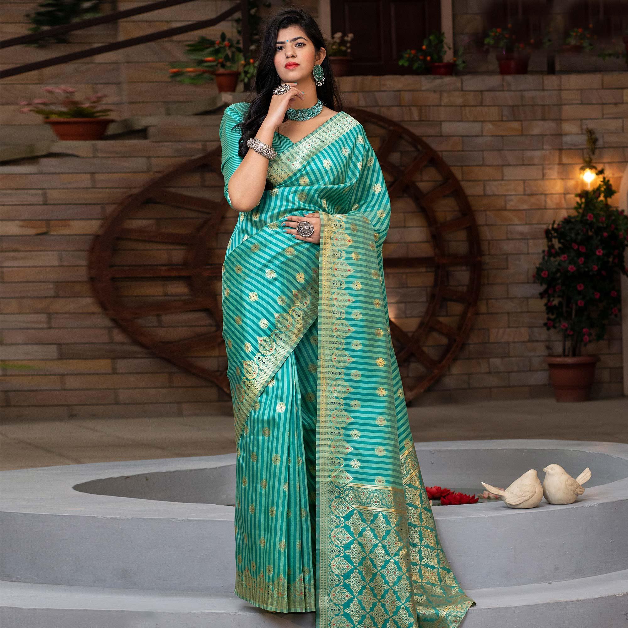 Pretty Turquoise Green Colored Festive Wear Woven Banarasi Silk Saree - Peachmode
