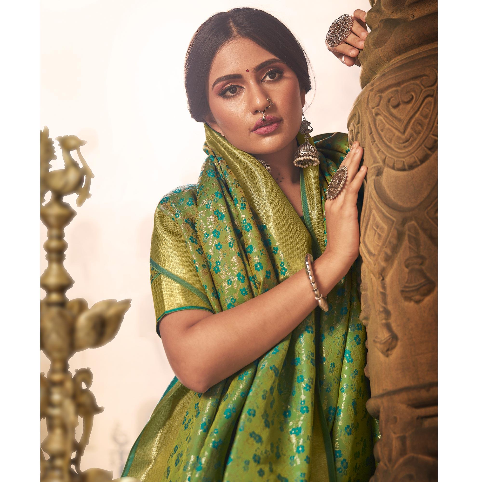 Pretty Turquoise Green Colored Festive Wear Woven Banarasi Silk Saree - Peachmode