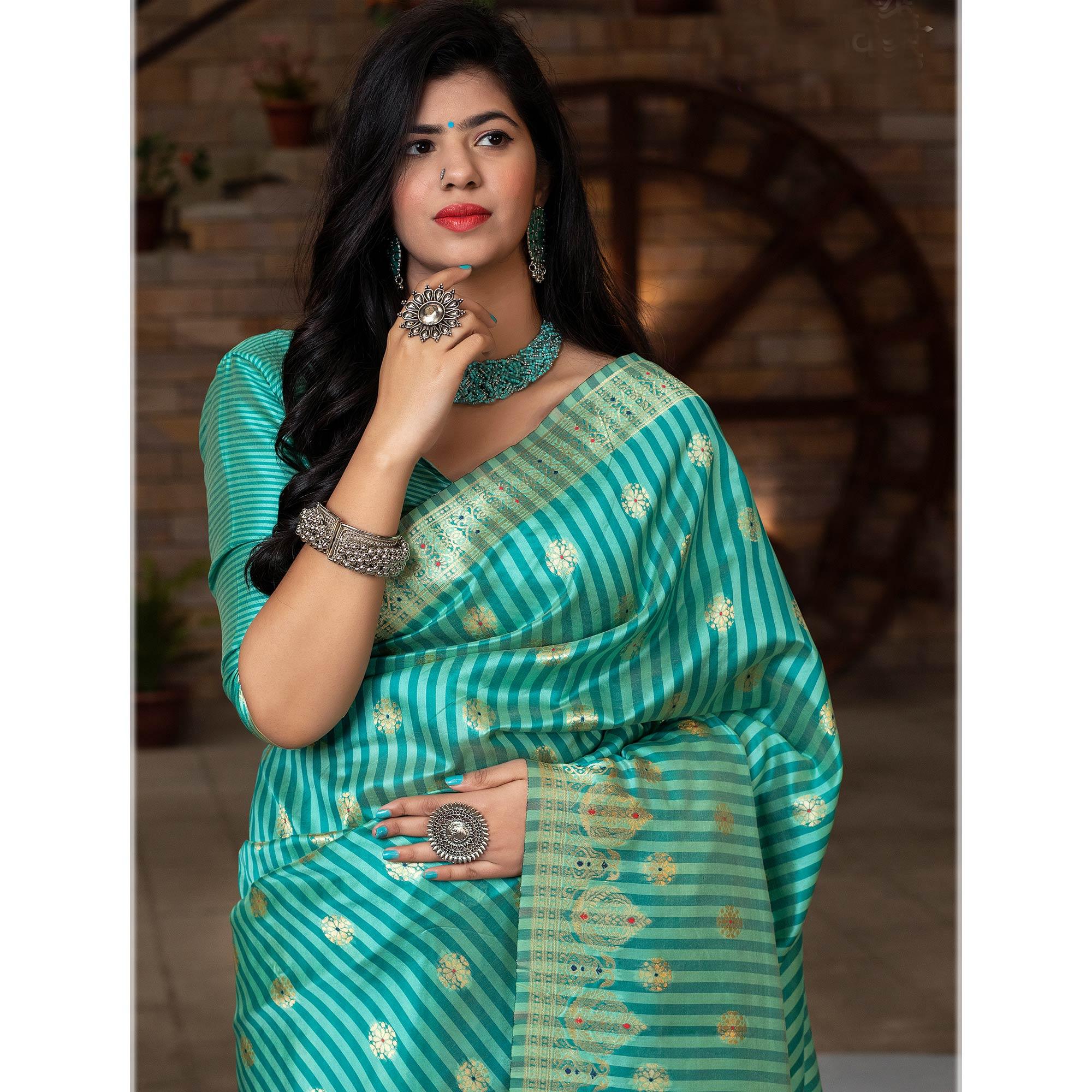 Pretty Turquoise Green Colored Festive Wear Woven Banarasi Silk Saree - Peachmode