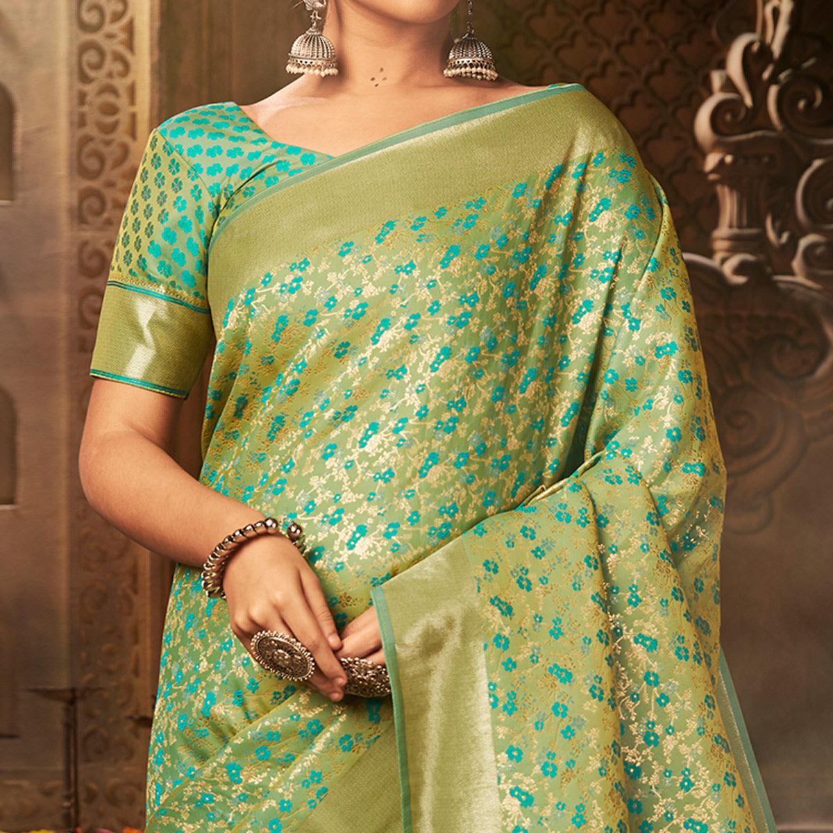 Pretty Turquoise Green Colored Festive Wear Woven Banarasi Silk Saree - Peachmode