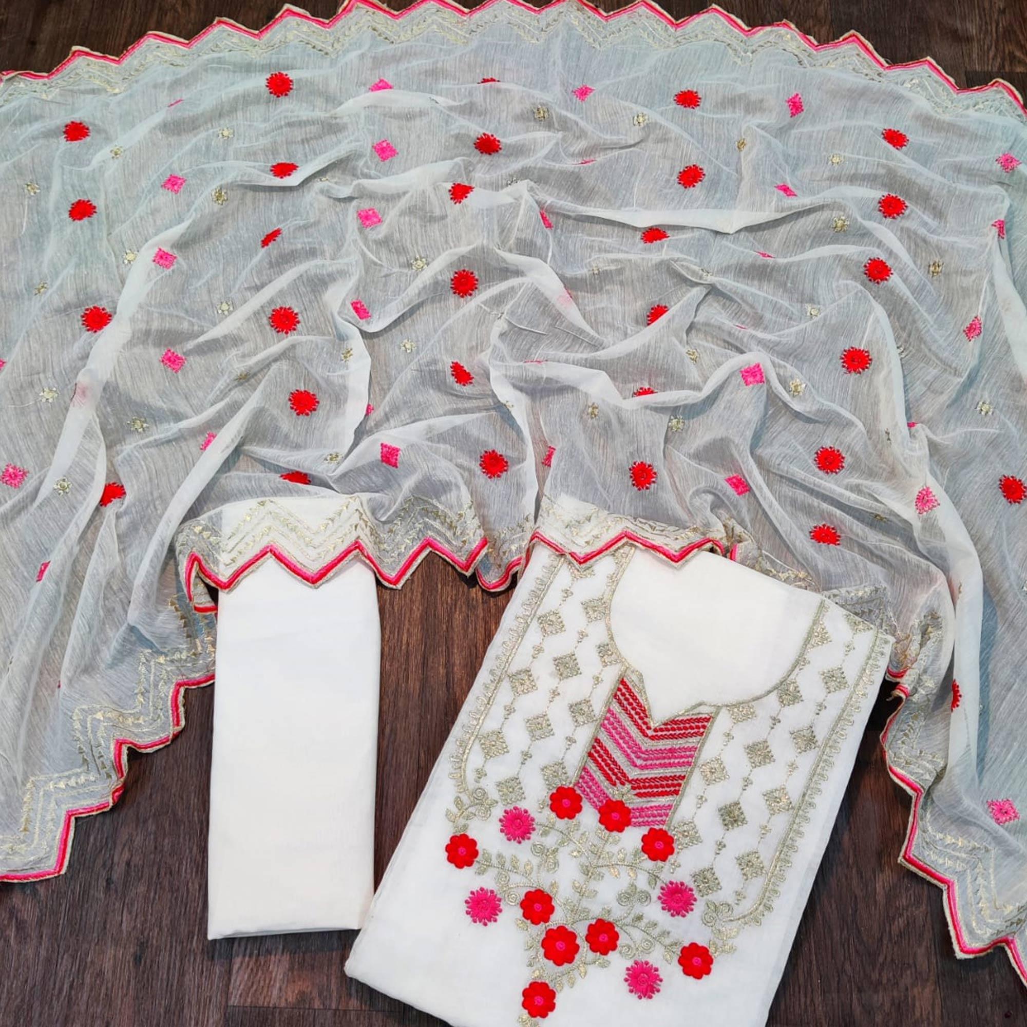 Pretty White Colored Casual Wear Embroidered Chanderi Dress Material - Peachmode