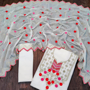 Pretty White Colored Casual Wear Embroidered Chanderi Dress Material - Peachmode
