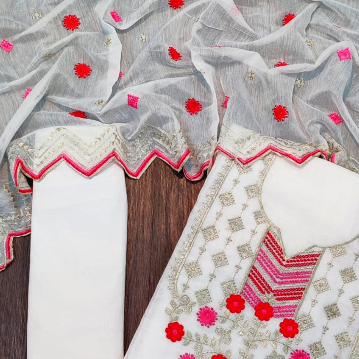 Pretty White Colored Casual Wear Embroidered Chanderi Dress Material - Peachmode