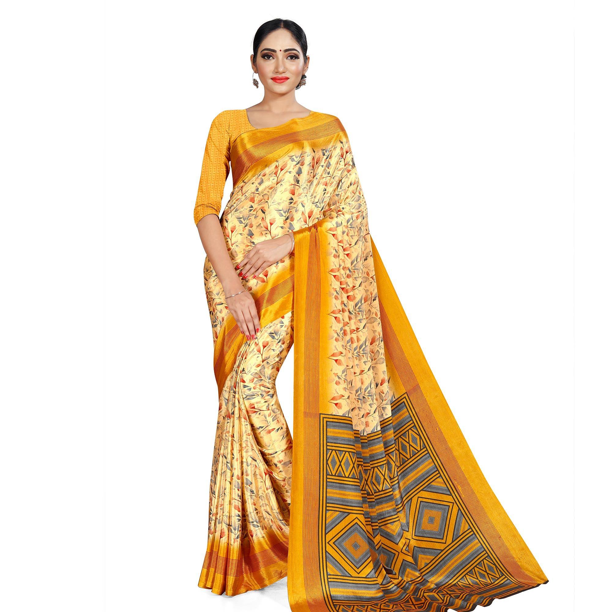 Pretty Yellow Colored Casual Wear Printed Crepe Saree - Peachmode