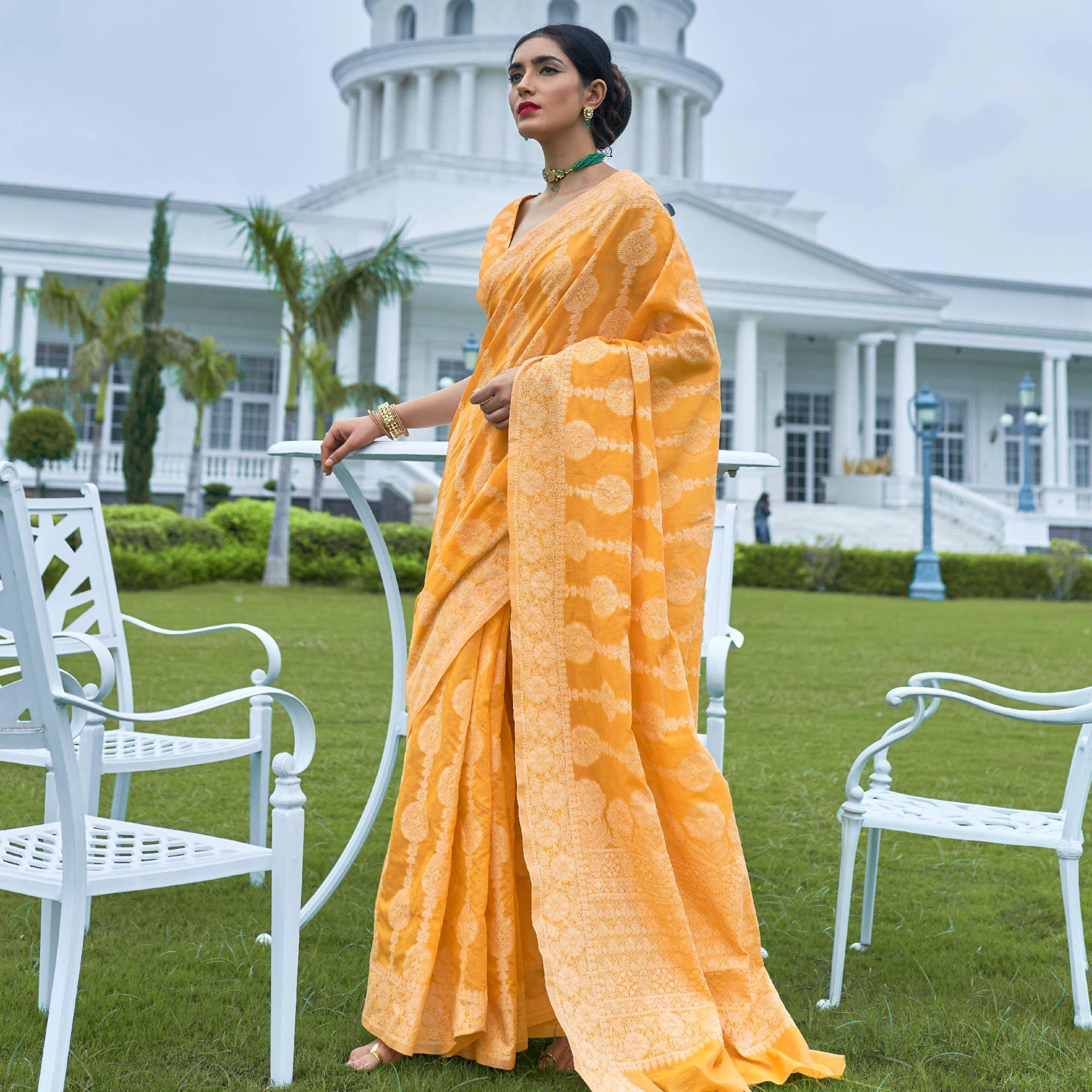 Pretty Yellow Colored Festive Wear Woven Chanderi Saree - Peachmode