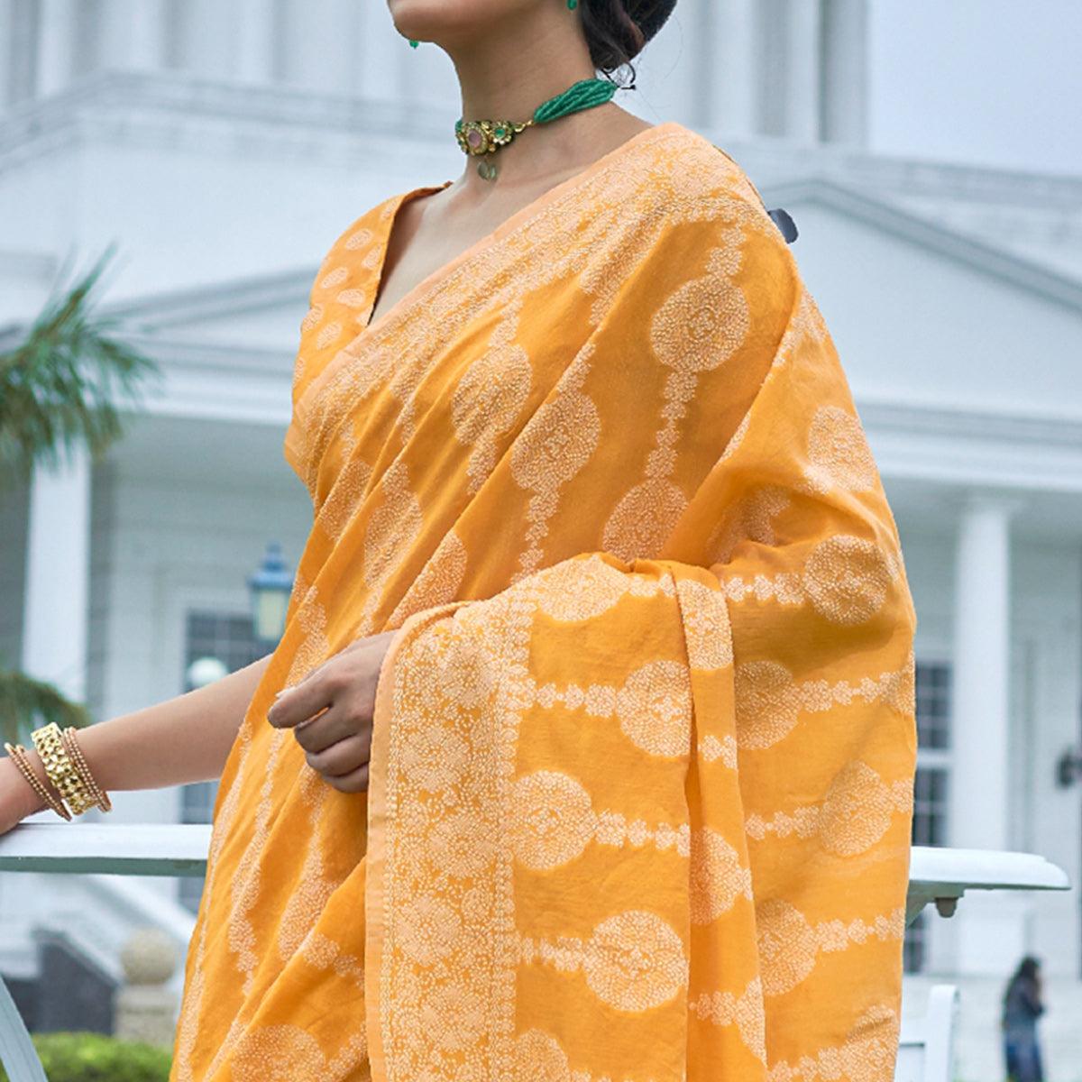 Pretty Yellow Colored Festive Wear Woven Chanderi Saree - Peachmode