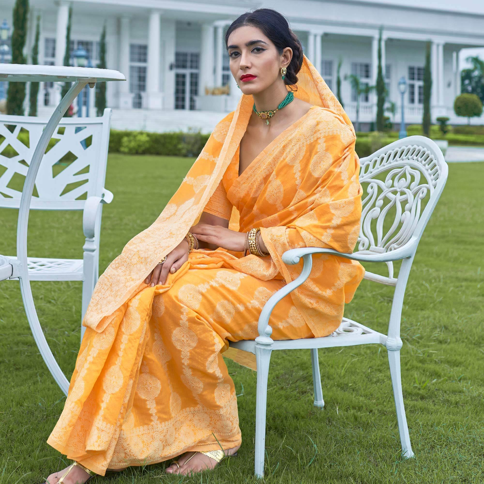 Pretty Yellow Colored Festive Wear Woven Chanderi Saree - Peachmode