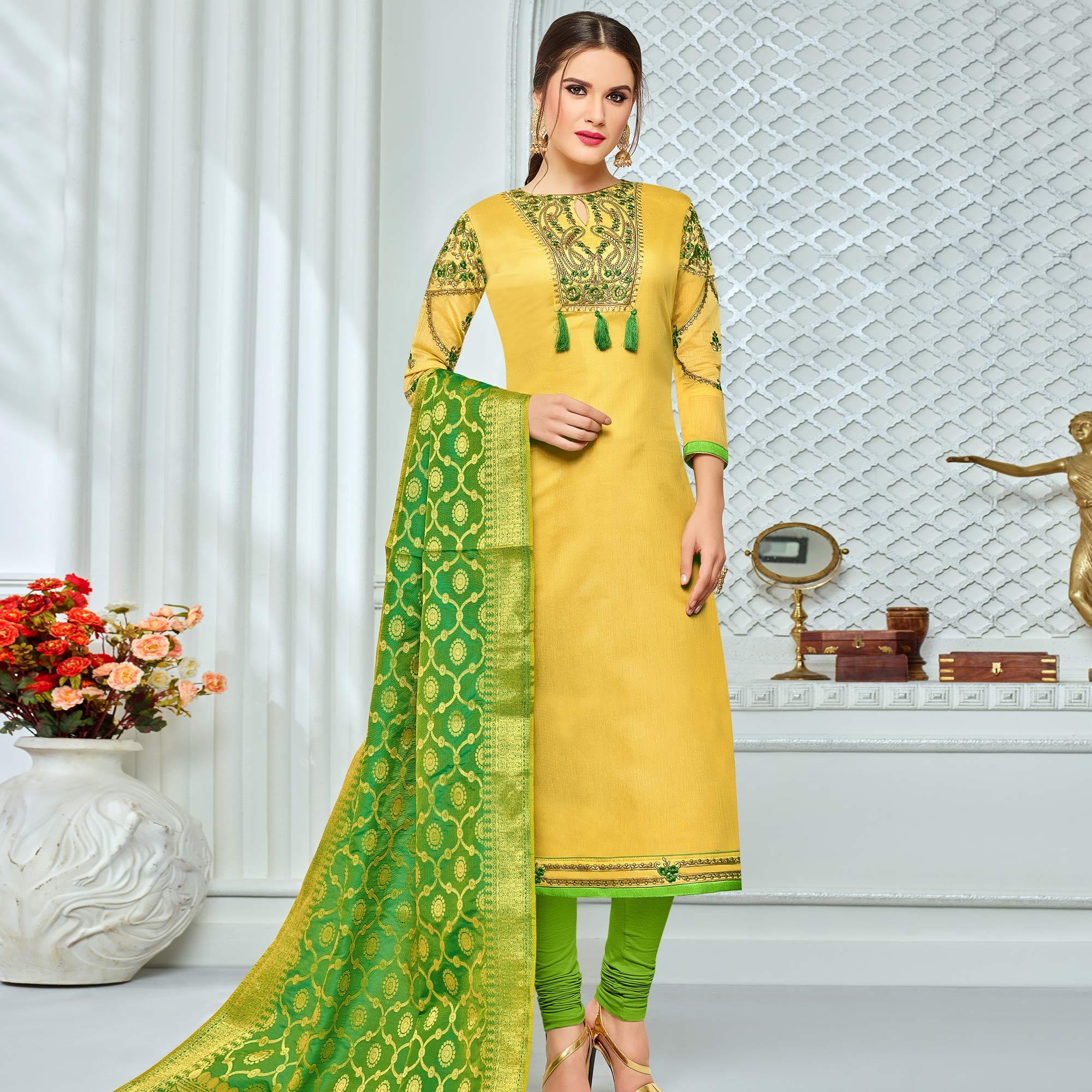Pretty Yellow Colored Party Wear Embroidered Chanderi Suit - Peachmode