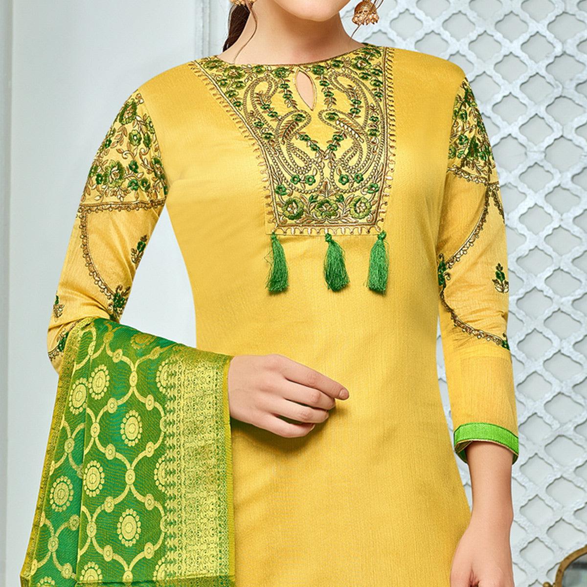 Pretty Yellow Colored Party Wear Embroidered Chanderi Suit - Peachmode