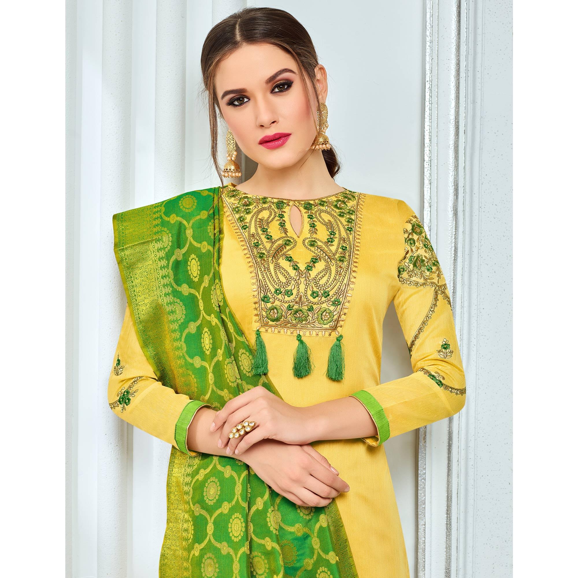 Pretty Yellow Colored Party Wear Embroidered Chanderi Suit - Peachmode