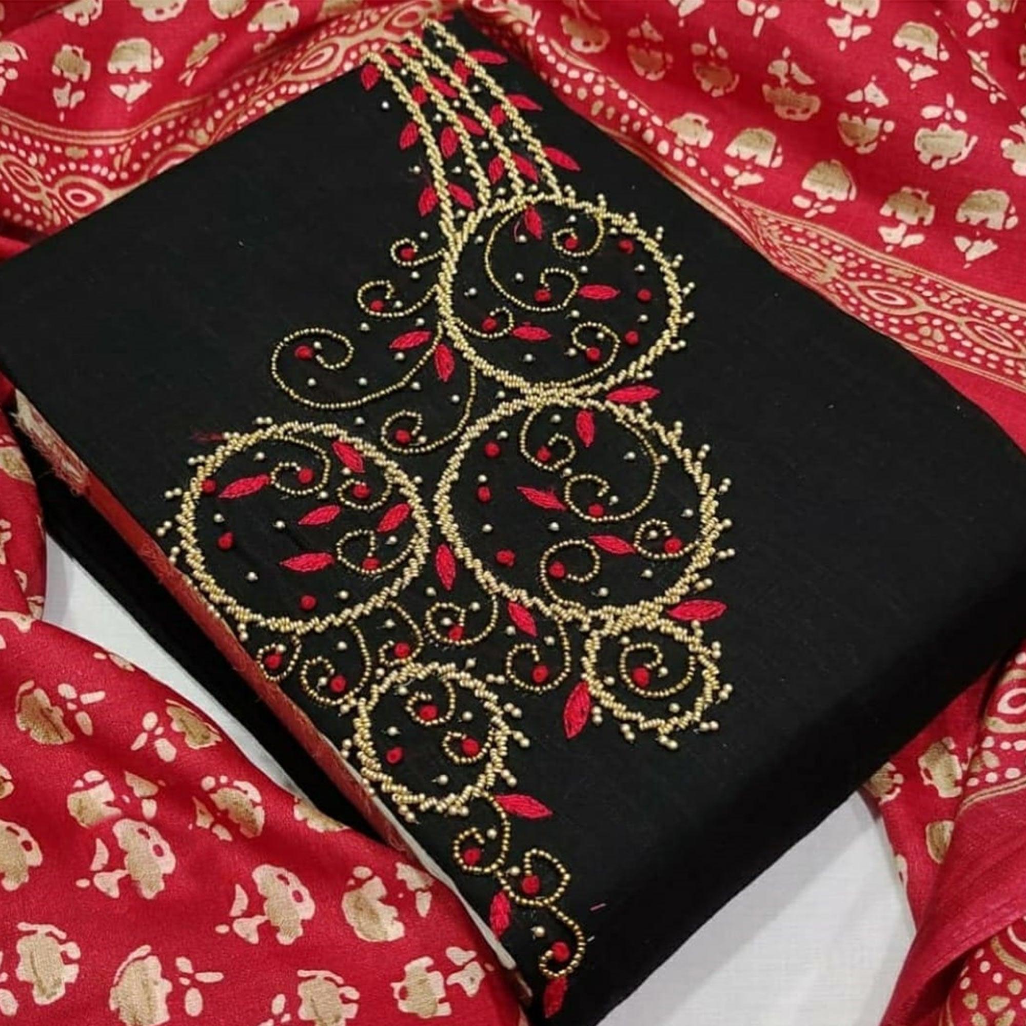 Prominent Black Colored Casual Wear Embroidered Modal Chanderi Dress Material - Peachmode