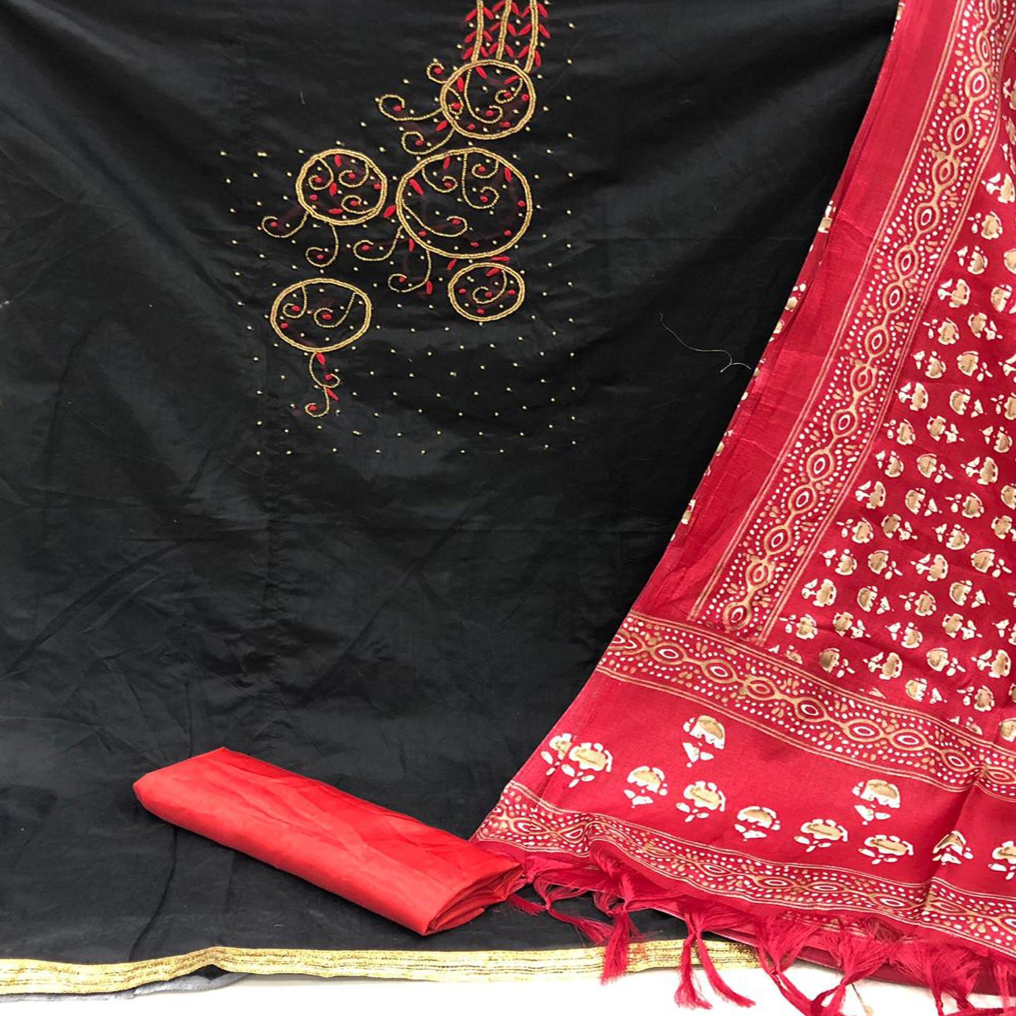 Prominent Black Colored Casual Wear Embroidered Modal Chanderi Dress Material - Peachmode
