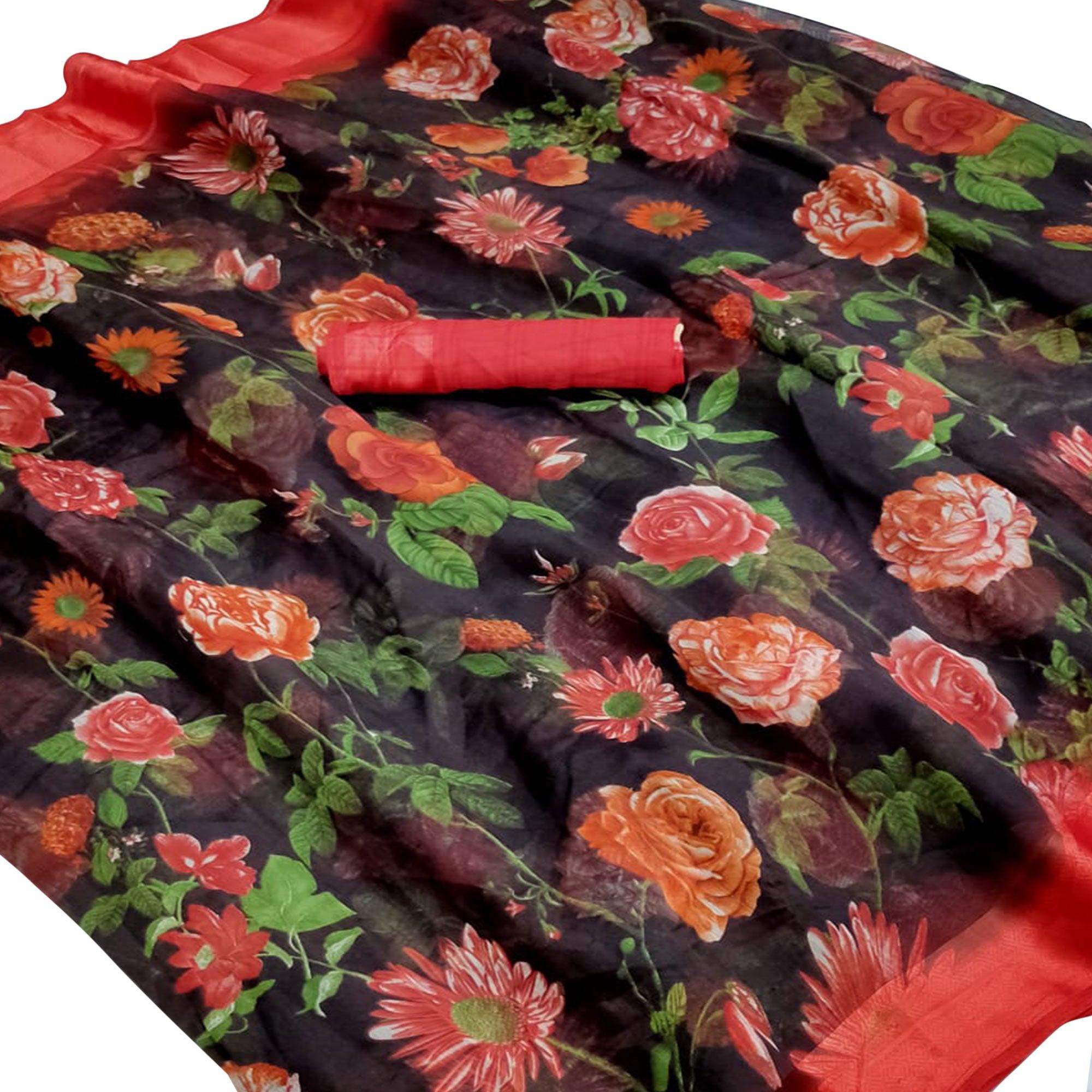 Prominent Black Colored Casual Wear Floral Printed Linen Saree - Peachmode