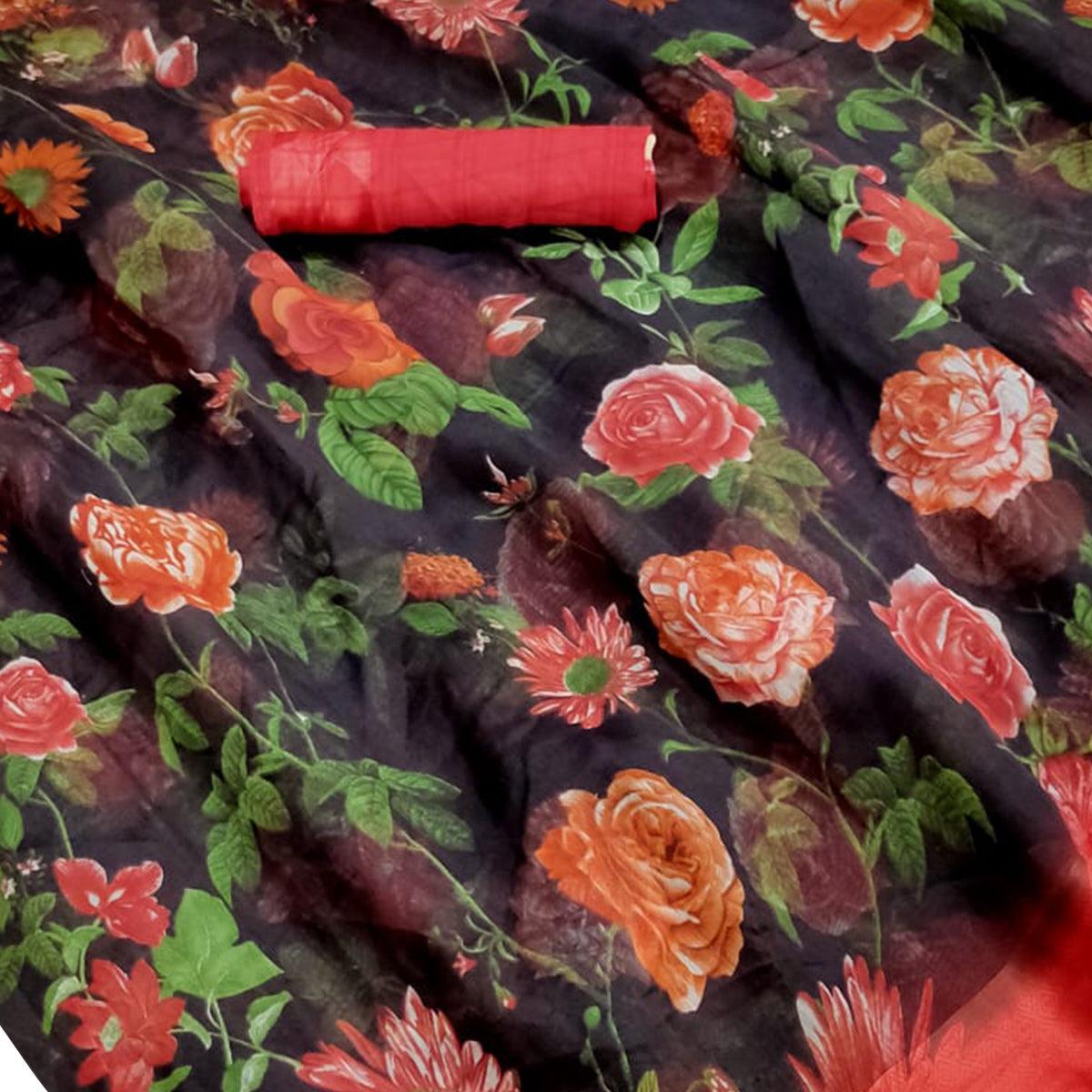 Prominent Black Colored Casual Wear Floral Printed Linen Saree - Peachmode
