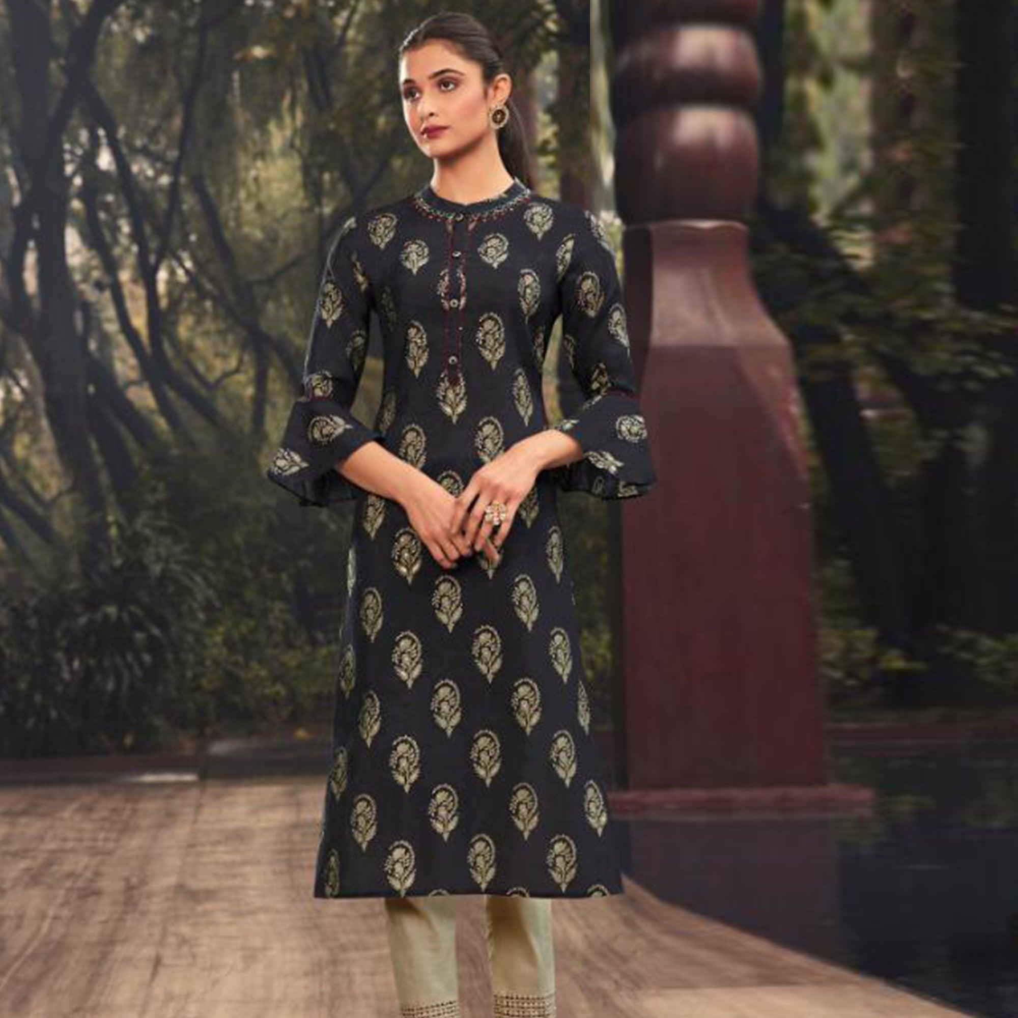 Prominent Black Colored Casual Wear Printed Muslin Kurti - Peachmode