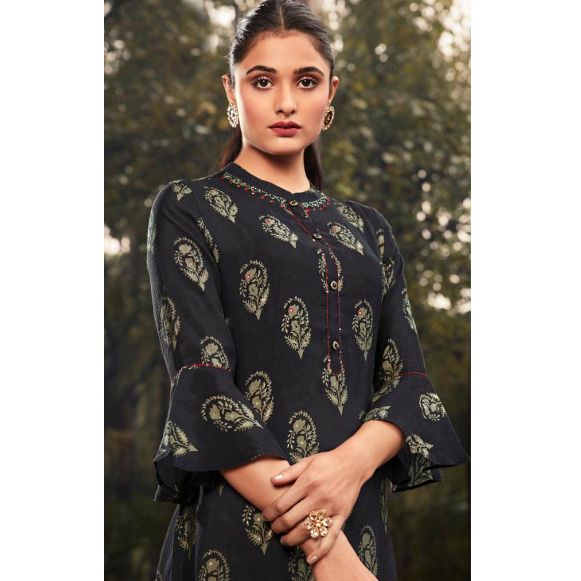 Prominent Black Colored Casual Wear Printed Muslin Kurti - Peachmode