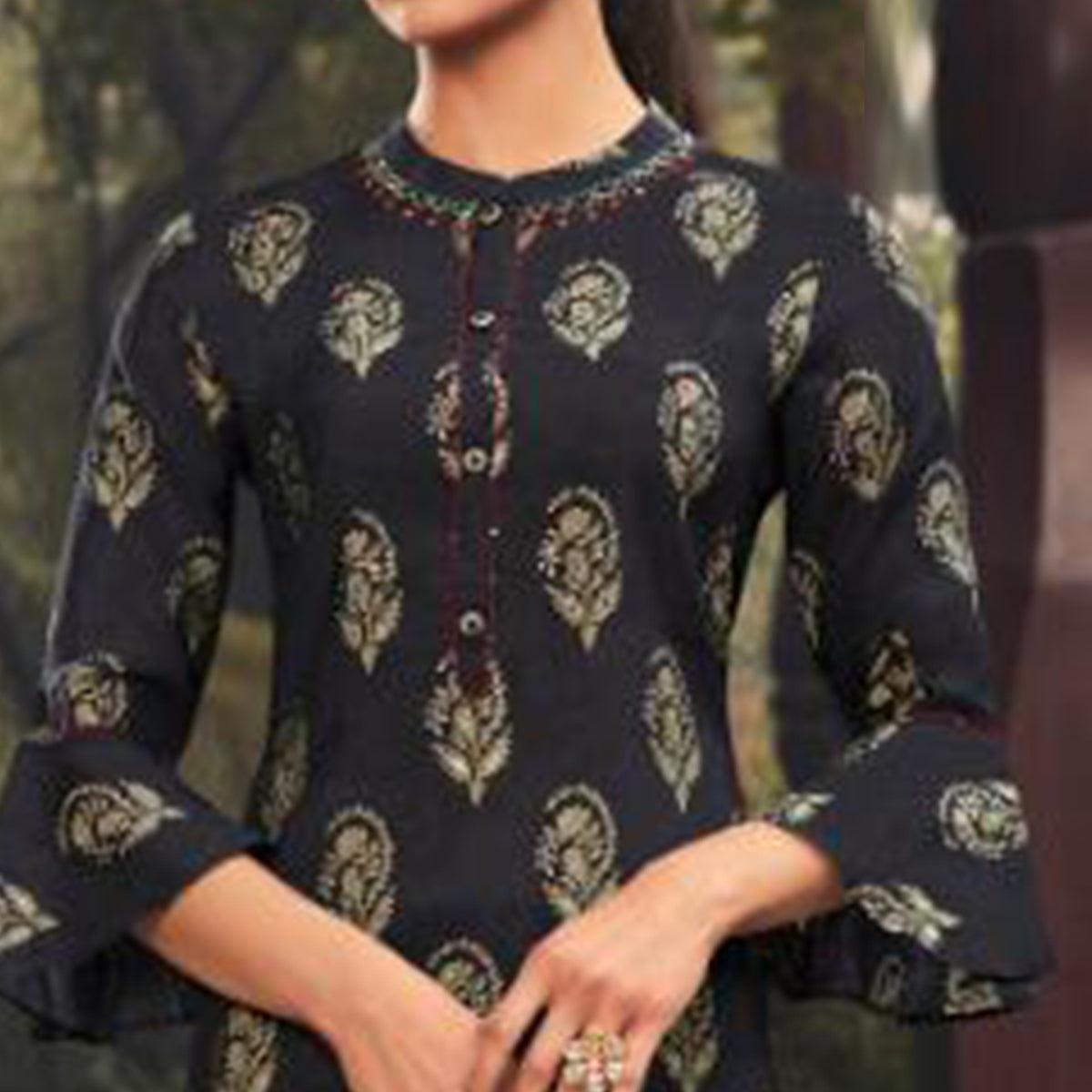 Prominent Black Colored Casual Wear Printed Muslin Kurti - Peachmode
