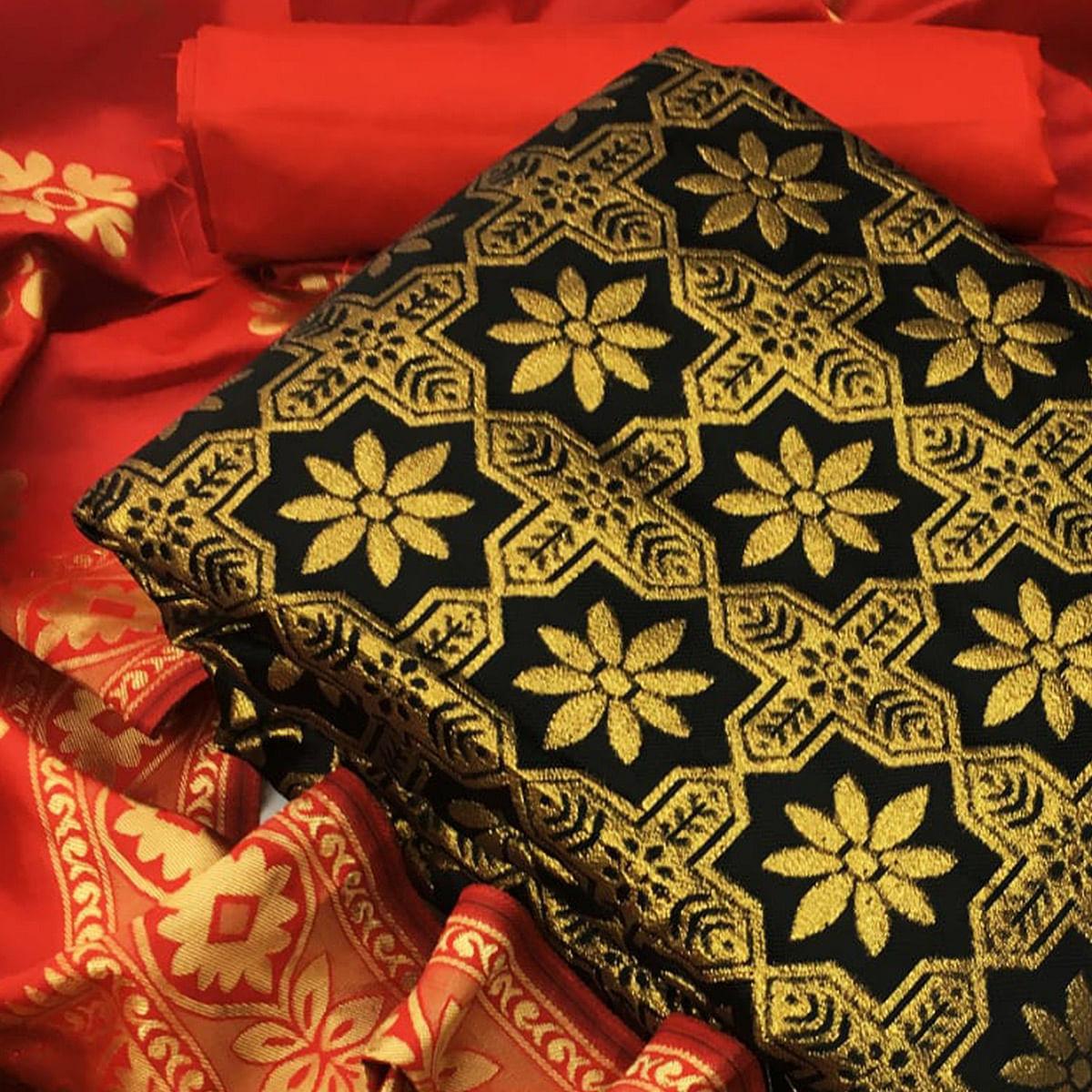 Prominent Black Colored Casual Wear Woven Banarasi Silk Dress Material - Peachmode