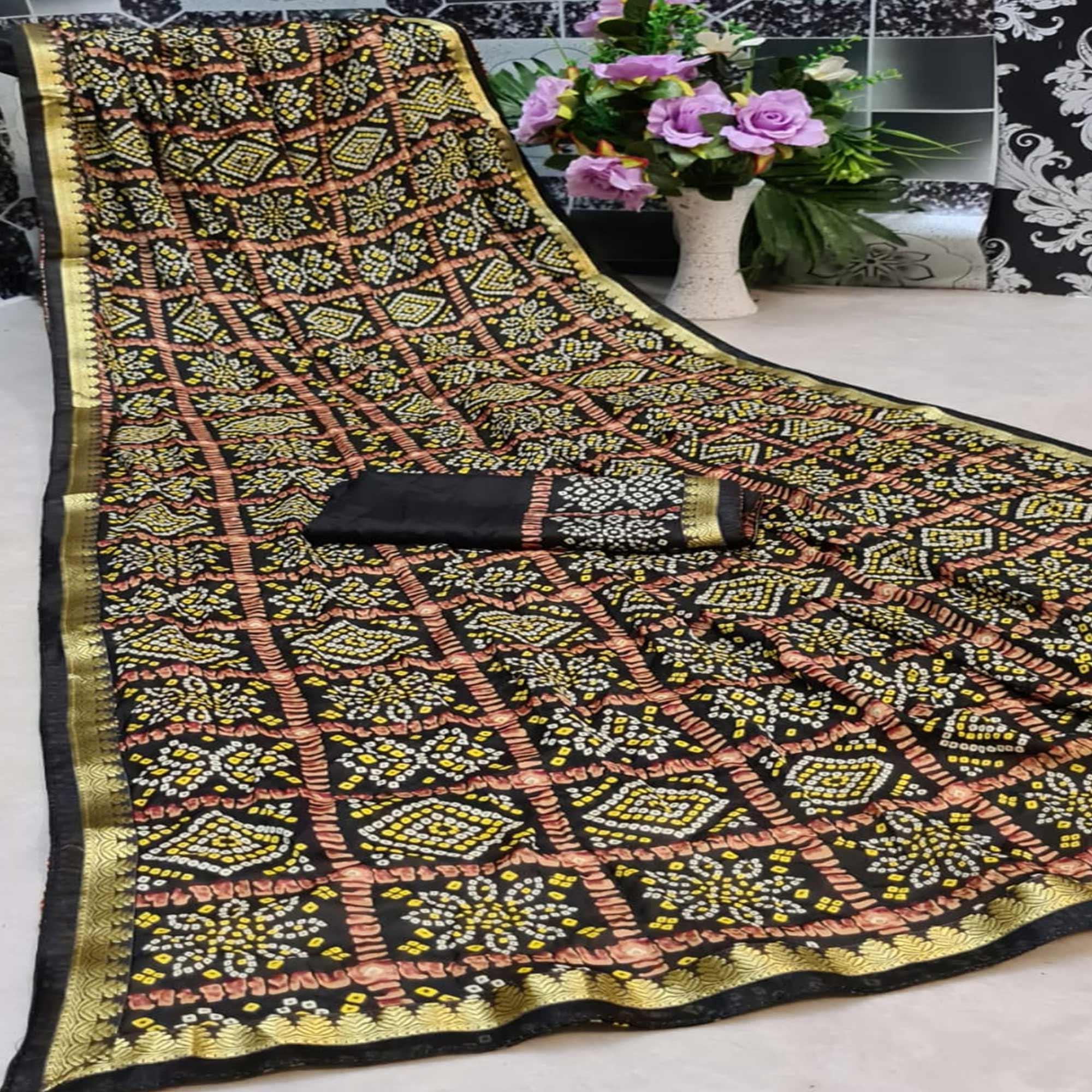 Prominent Black Colored Festive Wear Woven Moss Georgette Saree - Peachmode