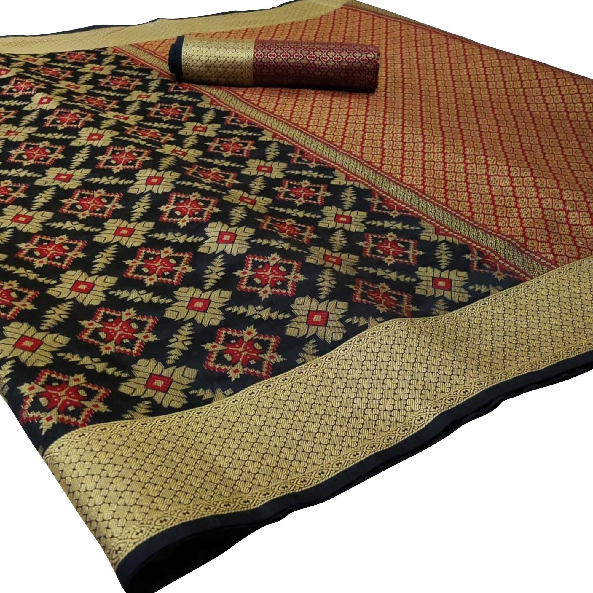 Prominent Black Colored Festive Wear Woven Silk Saree - Peachmode