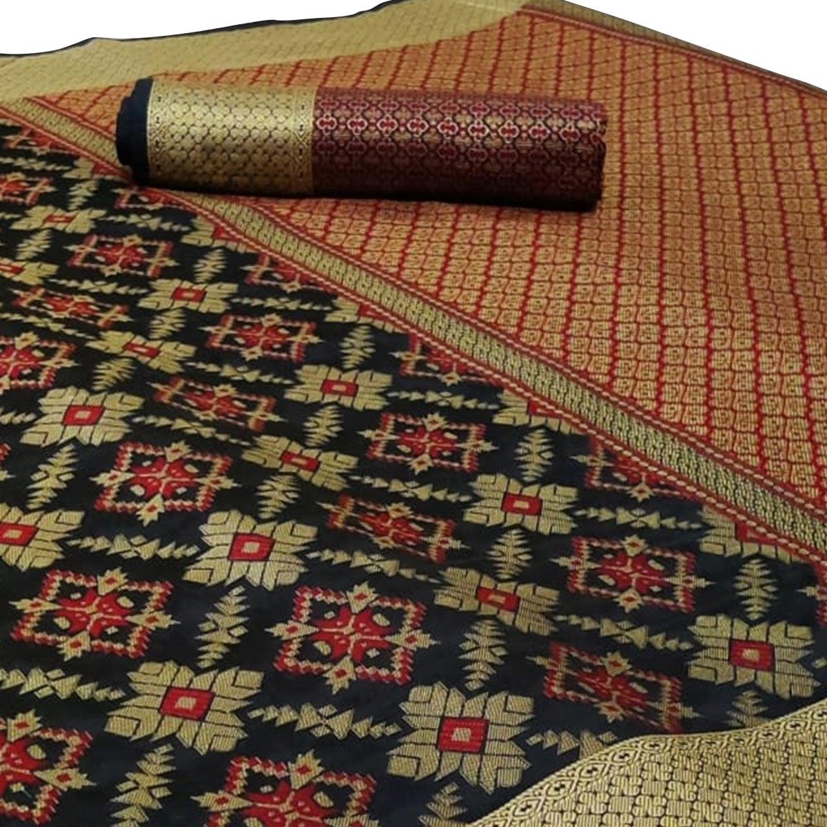 Prominent Black Colored Festive Wear Woven Silk Saree - Peachmode