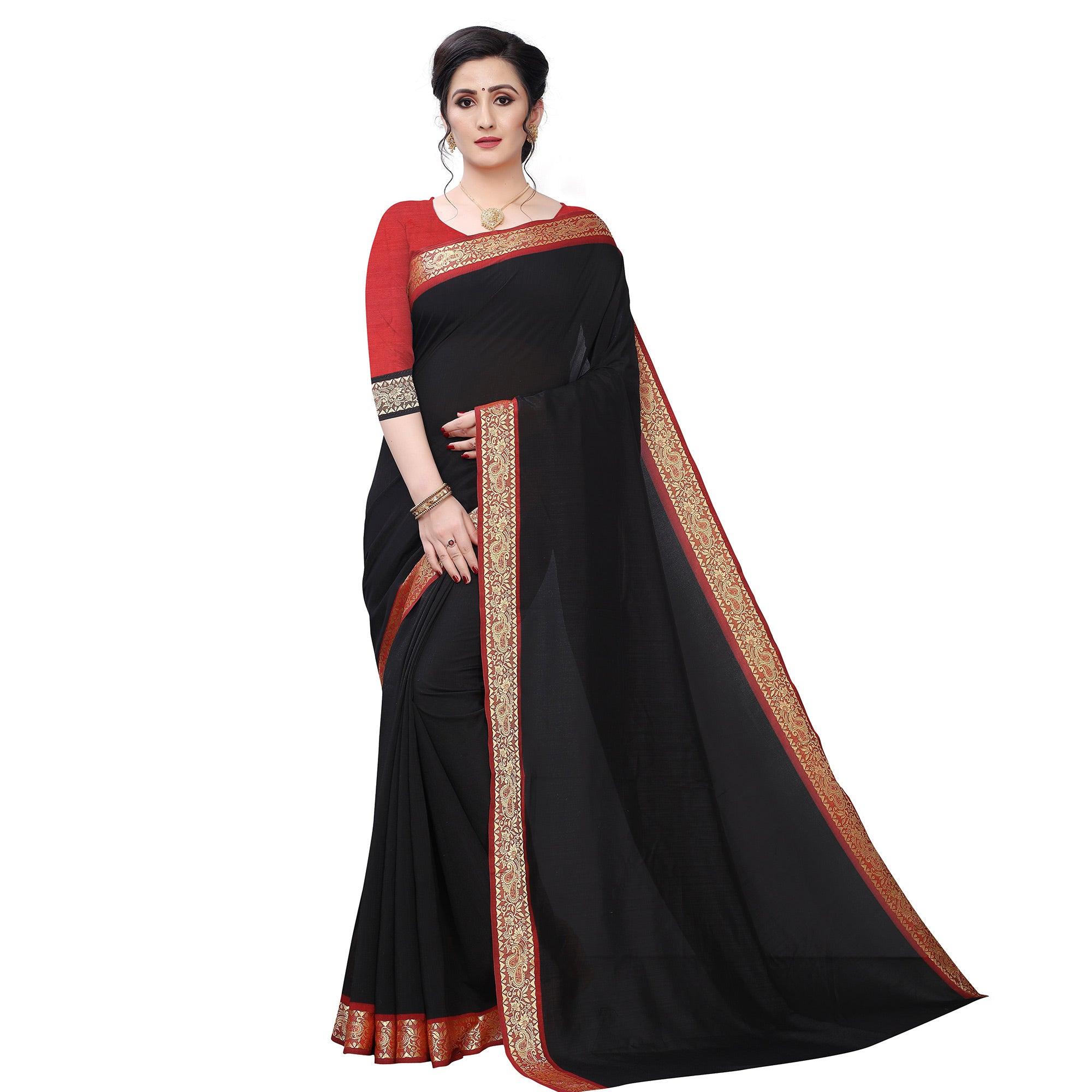 Prominent Black Colored Festive Wear Woven Vichitra Silk Saree - Peachmode