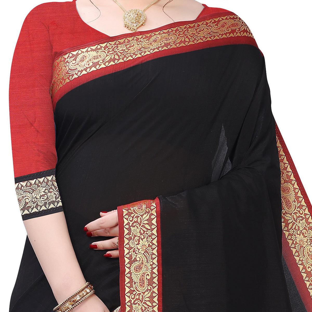 Prominent Black Colored Festive Wear Woven Vichitra Silk Saree - Peachmode