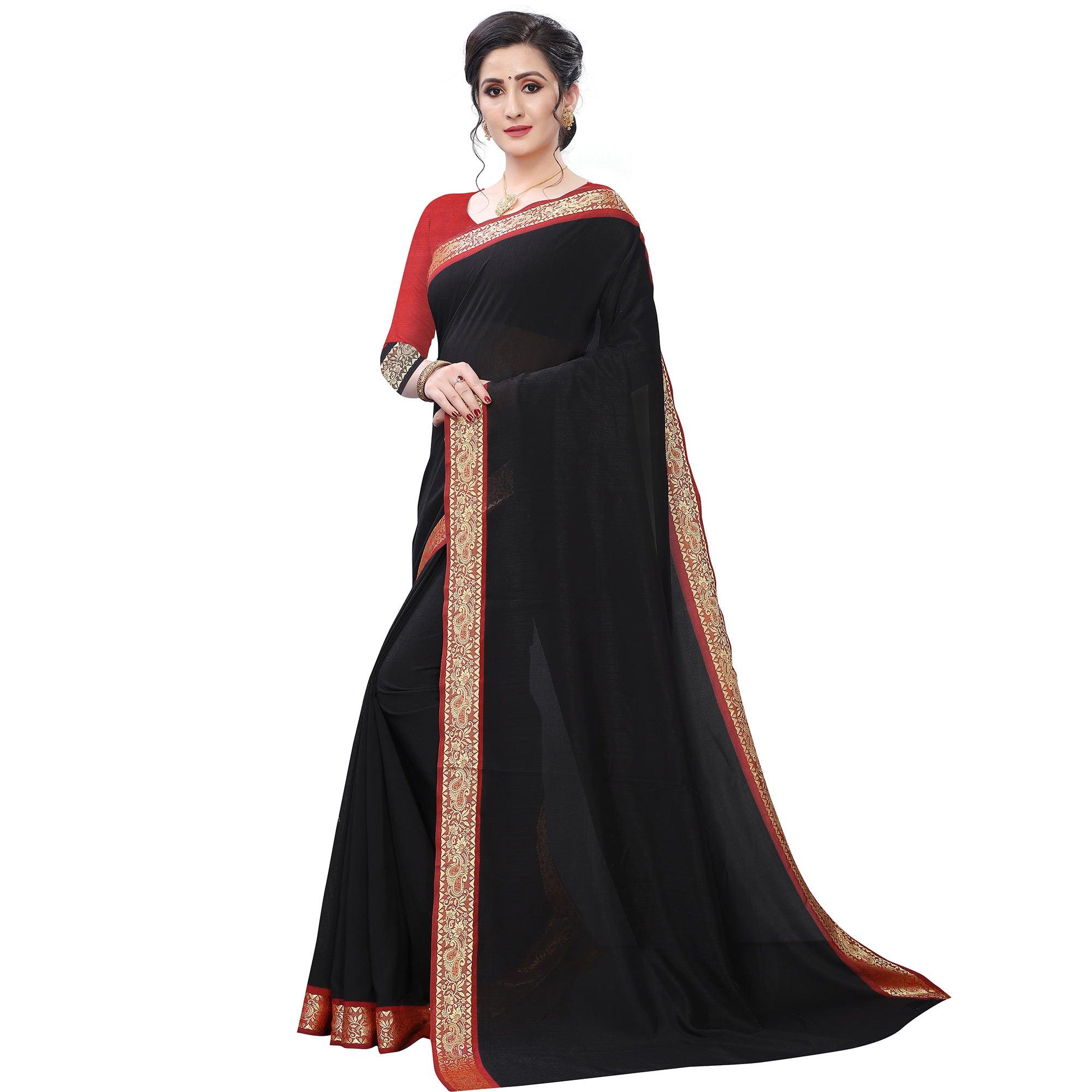 Prominent Black Colored Festive Wear Woven Vichitra Silk Saree - Peachmode