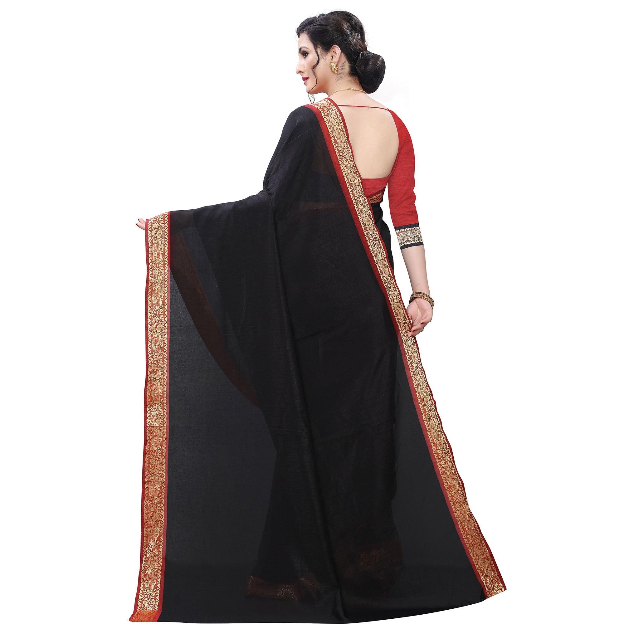 Prominent Black Colored Festive Wear Woven Vichitra Silk Saree - Peachmode