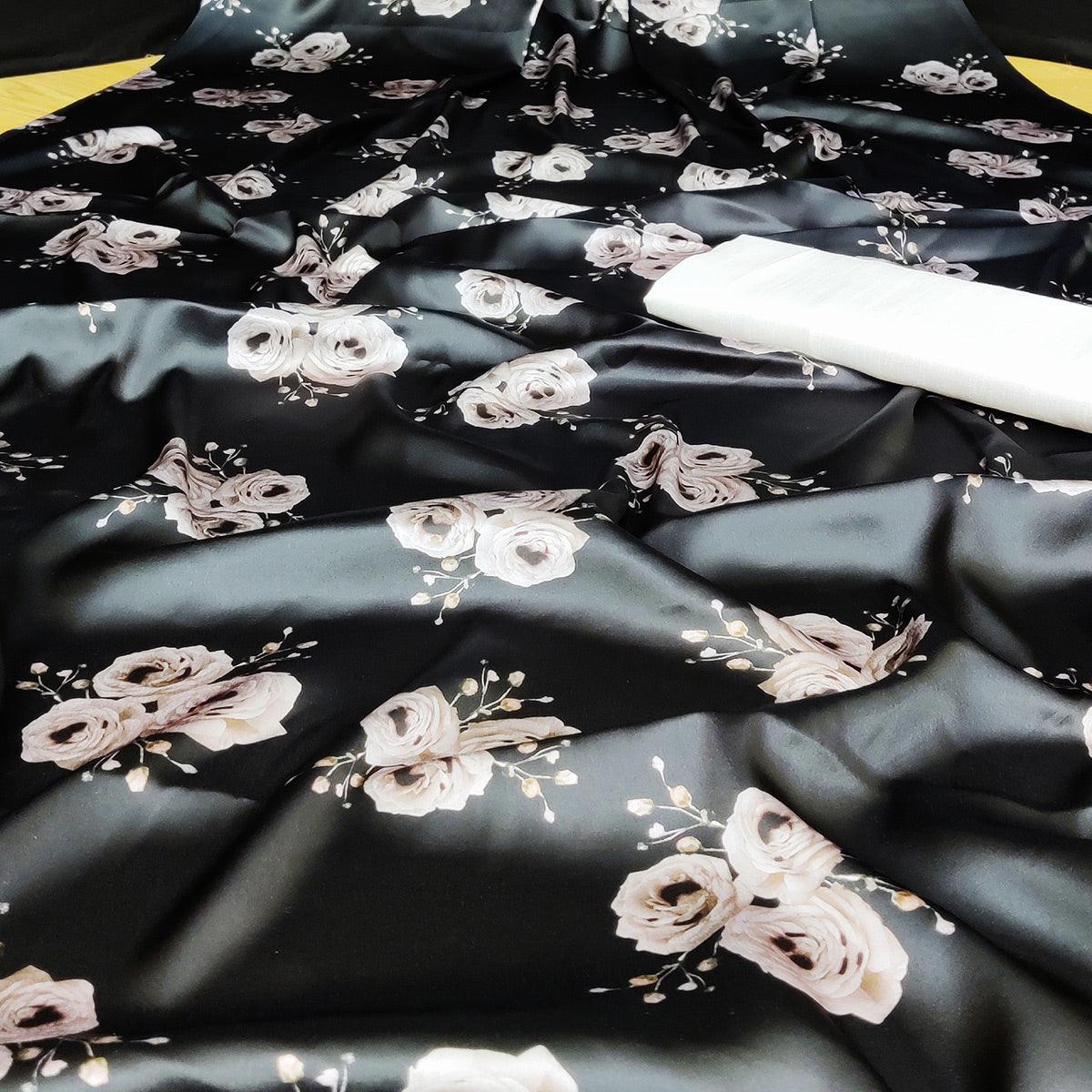 Prominent Black Coloured Casual Wear Digital Printed Satin Saree - Peachmode