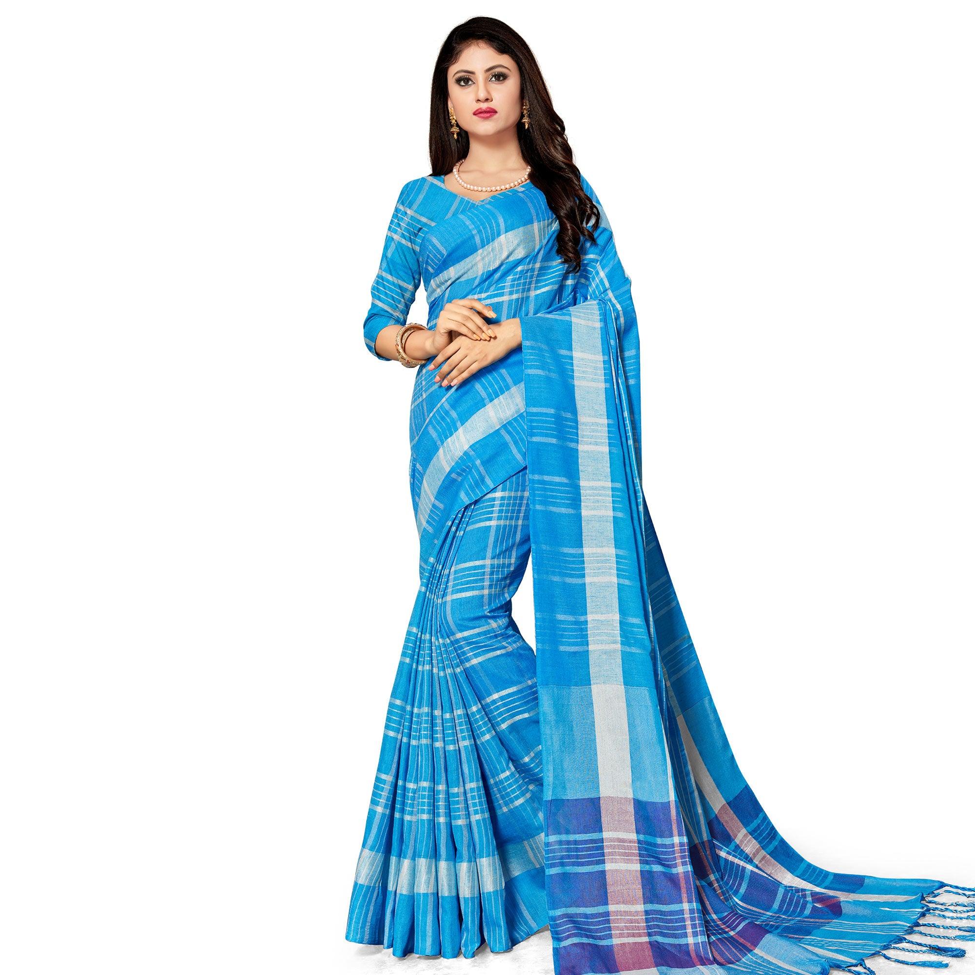 Prominent Blue Colored Fesive Wear Stripe Print Cotton Silk Saree With Tassels - Peachmode