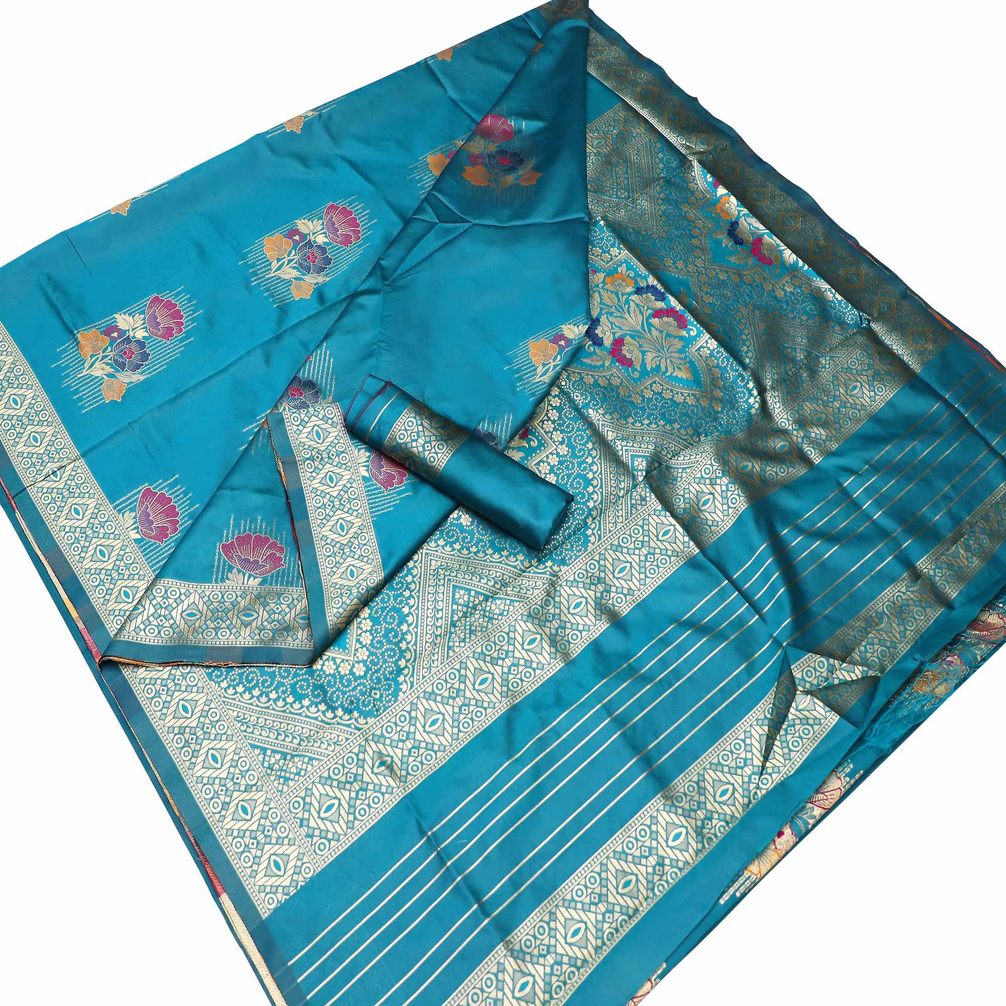 Prominent Blue Colored Festive Wear Woven Banarasi Silk Saree - Peachmode