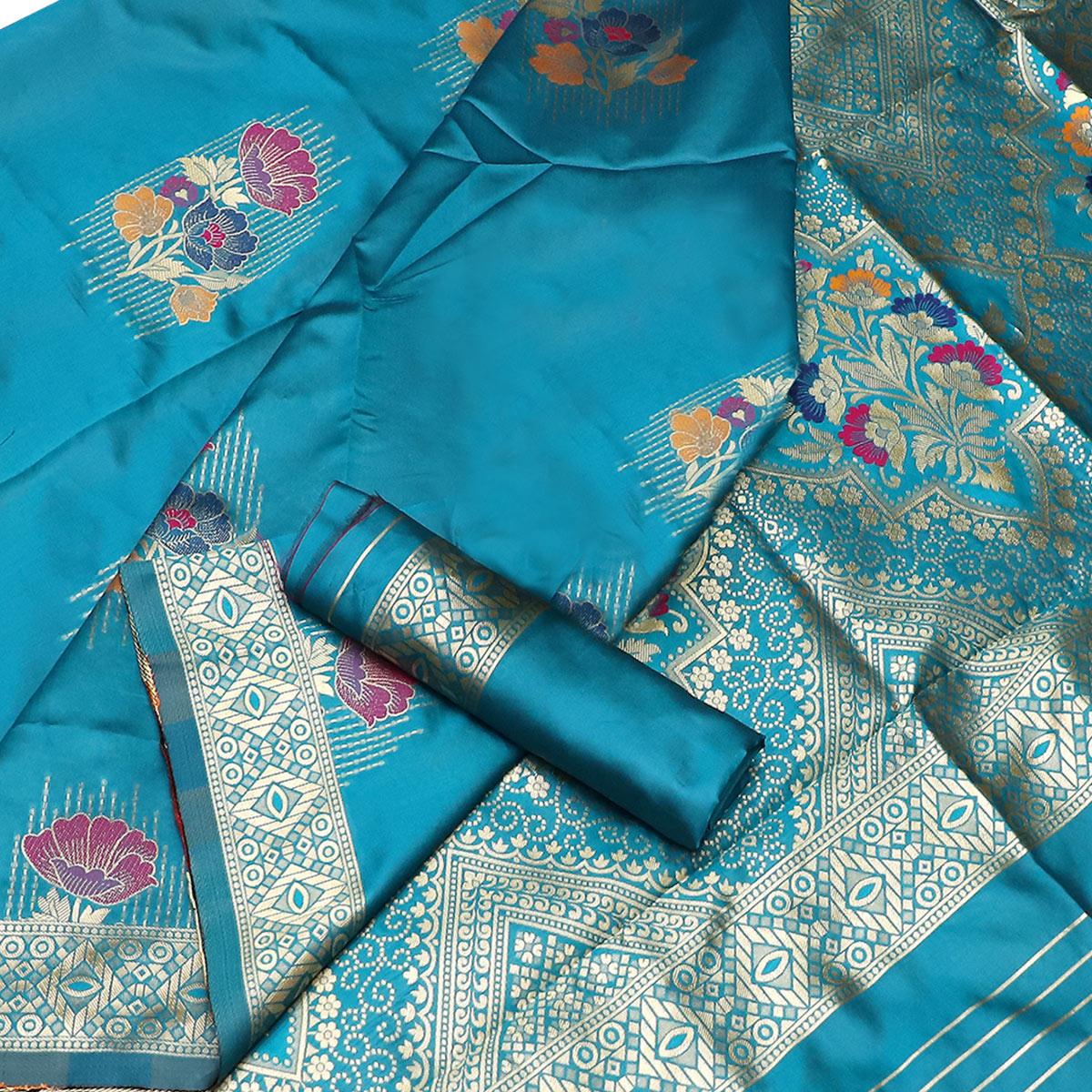 Prominent Blue Colored Festive Wear Woven Banarasi Silk Saree - Peachmode