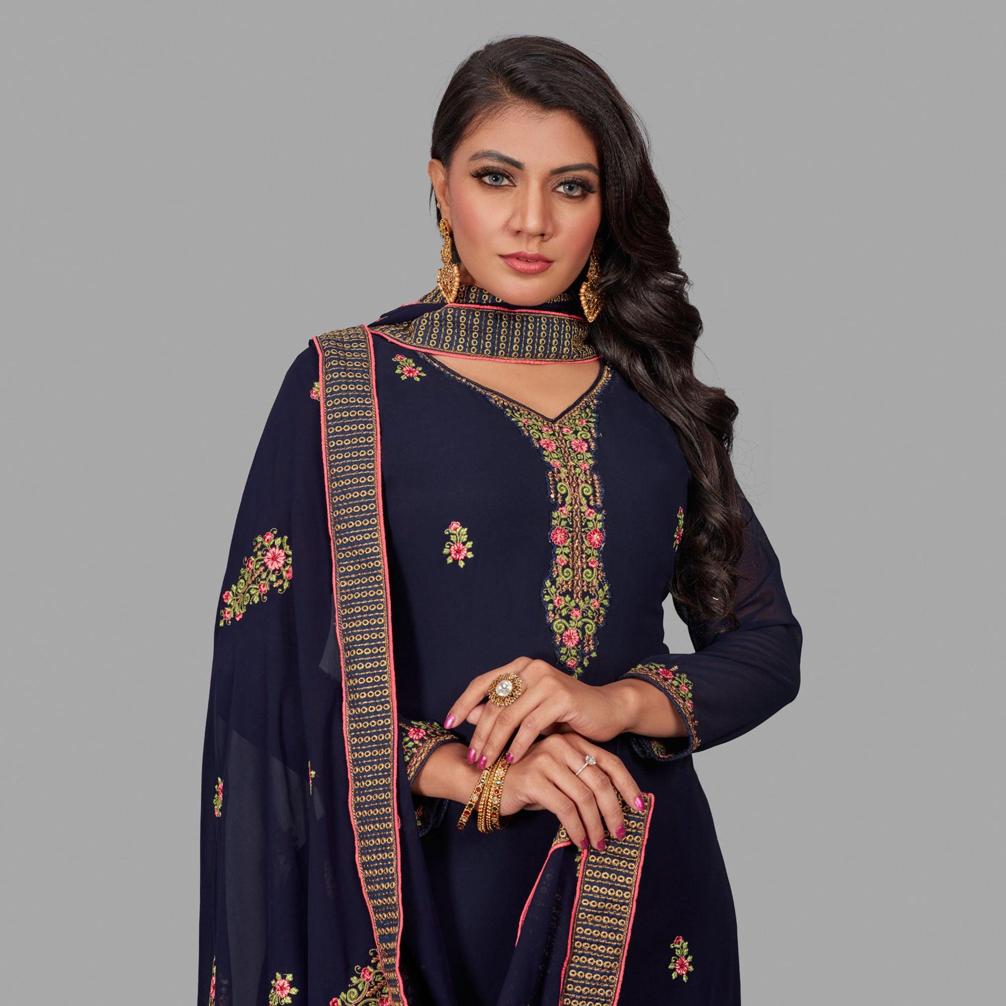 Prominent Blue Colored Party Wear Floral Embroidered Georgette Suit - Peachmode