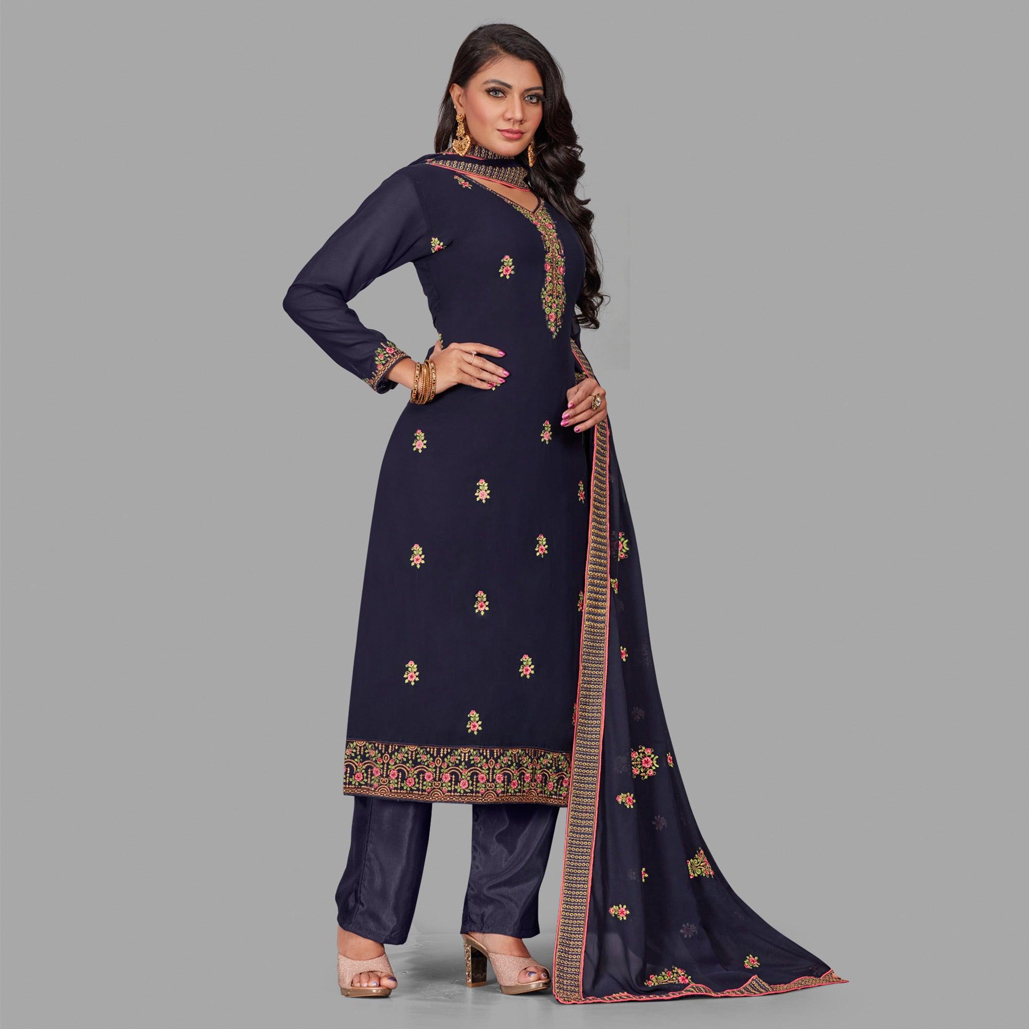Prominent Blue Colored Party Wear Floral Embroidered Georgette Suit - Peachmode