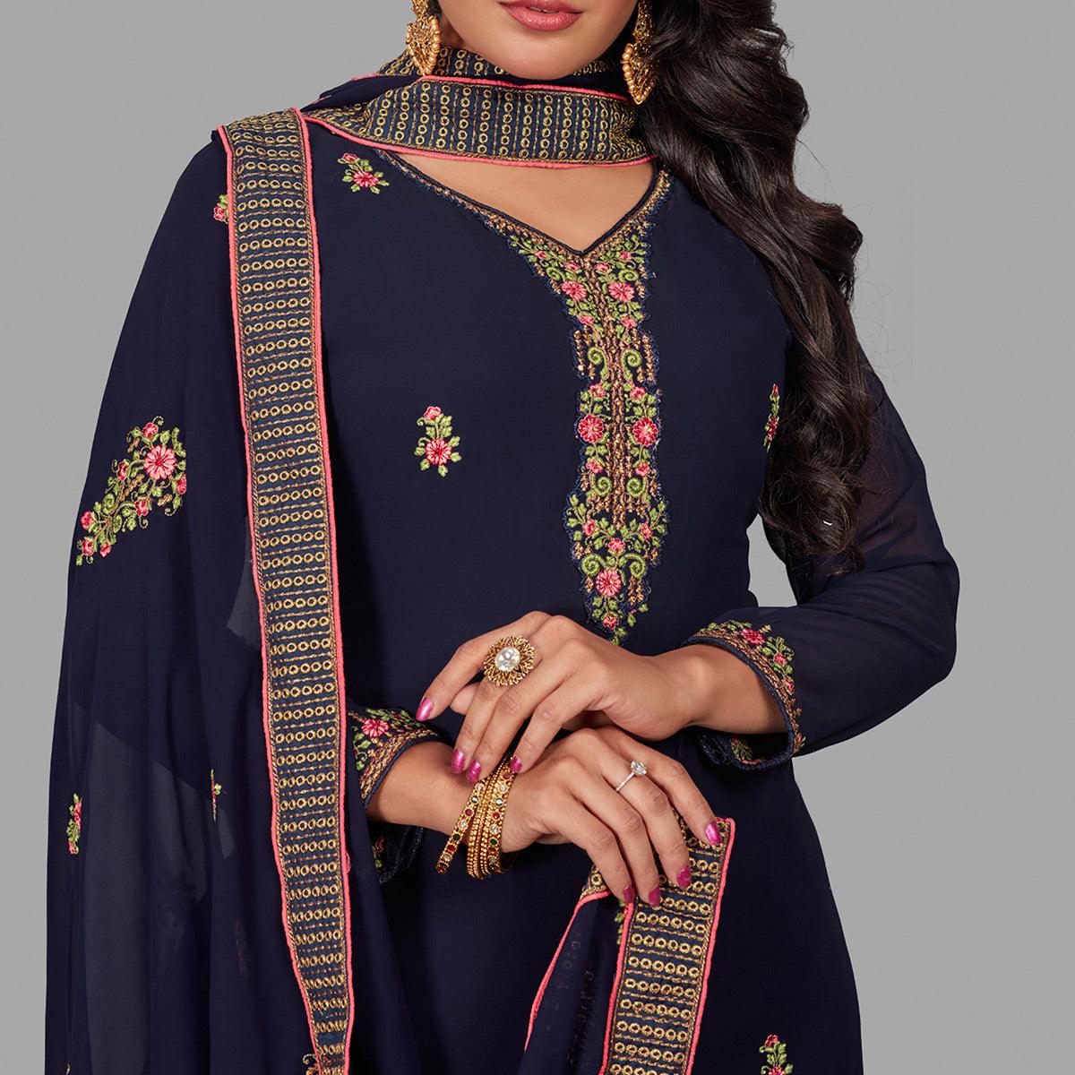 Prominent Blue Colored Party Wear Floral Embroidered Georgette Suit - Peachmode