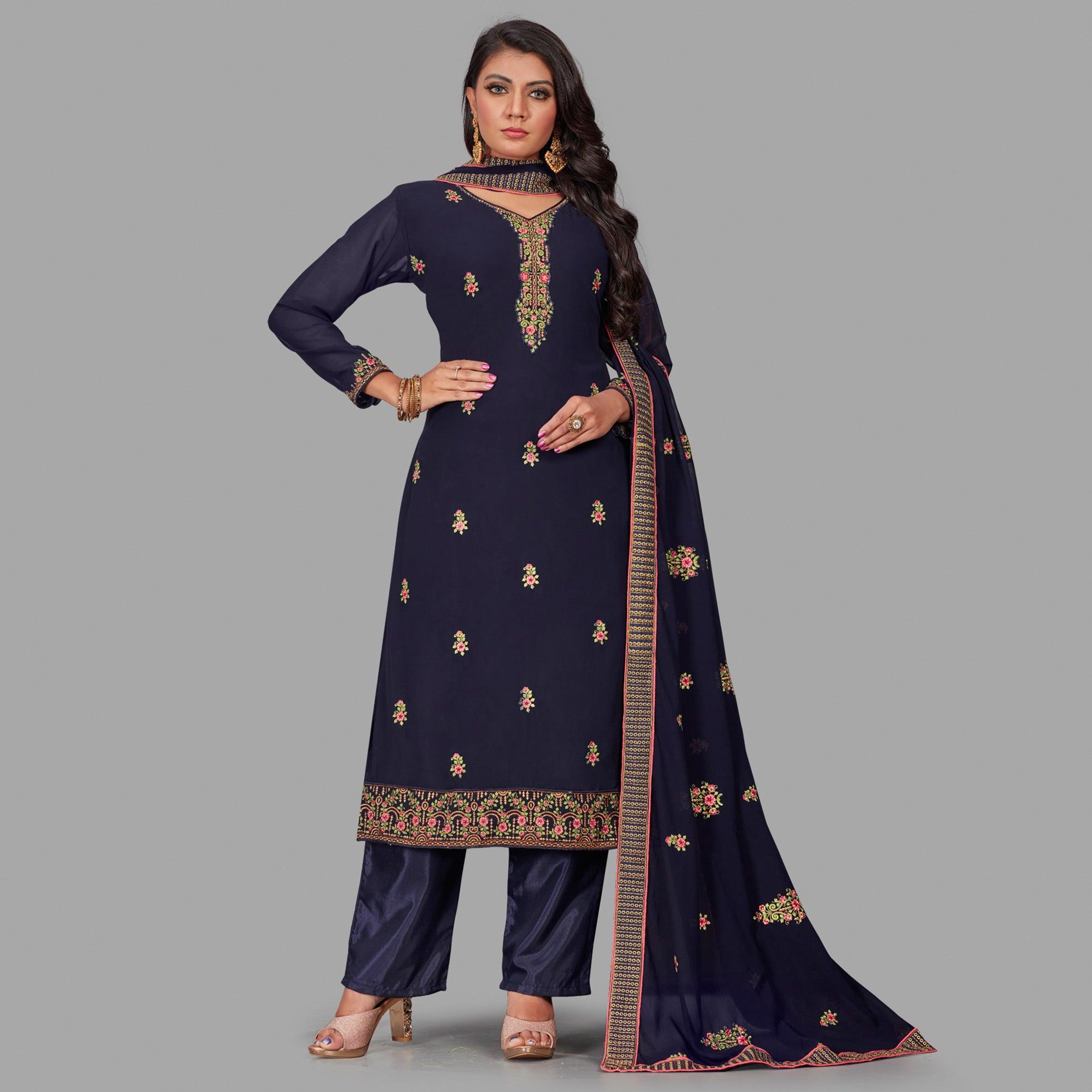 Prominent Blue Colored Party Wear Floral Embroidered Georgette Suit - Peachmode
