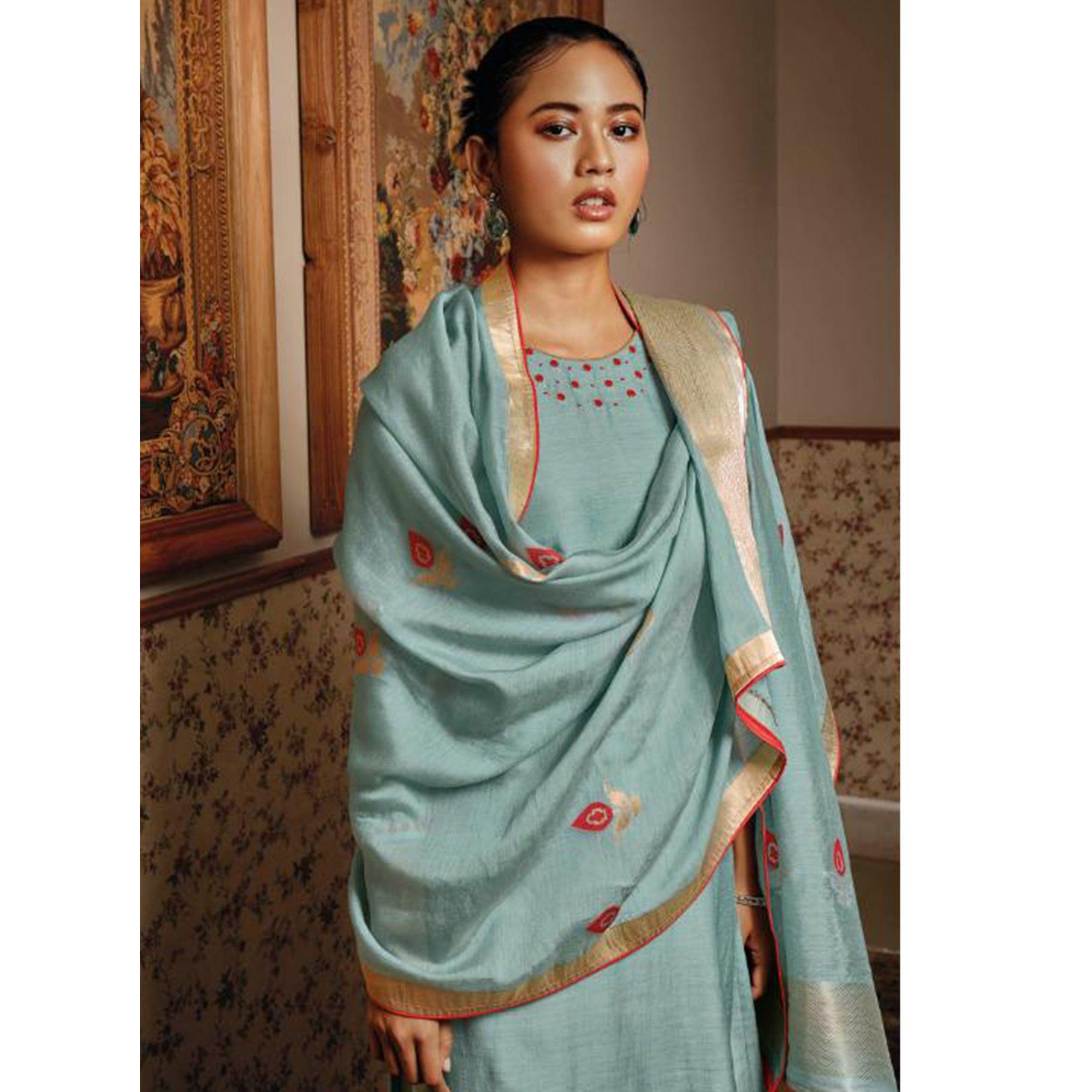 Prominent Blue Colored Partywear Embroidered Pure Silk Suit - Peachmode